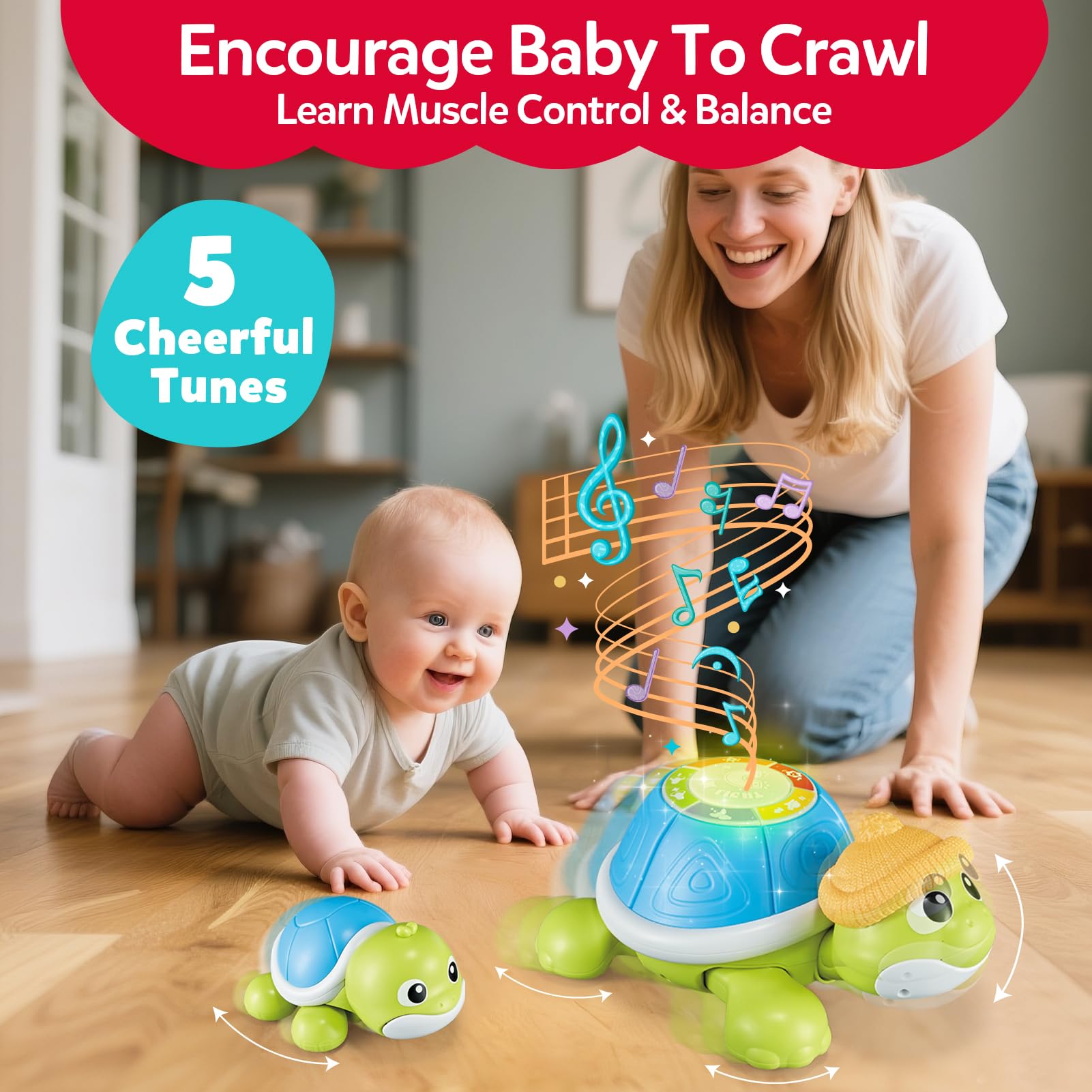 Juguetes para bebés de 6 a 12 meses, conjunto de juguetes de tortuga Miusical con mamá y bebé, juguetes para bebés que gatean en movimiento con luz y sonido, regalos de cumpleaños de Navidad para 3