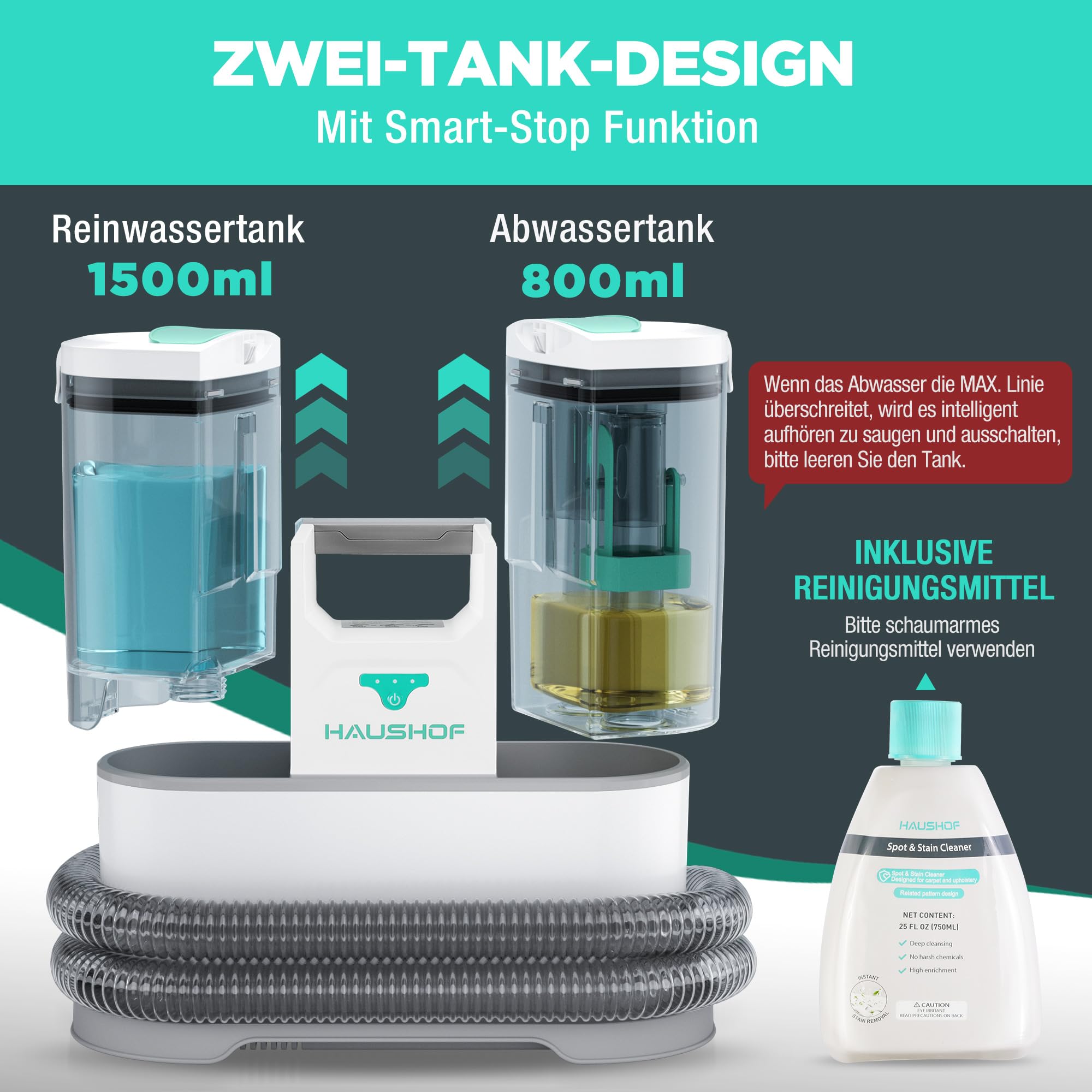 HAUSHOF StainZapper Air, Akku Waschsauger für Auto 12kPa, 24V Kabelloser Fleckenreiniger Teppichreiniger mit Reinigungsmittel 75dB, Polsterreiniger für Teppich, Sofa, Polster