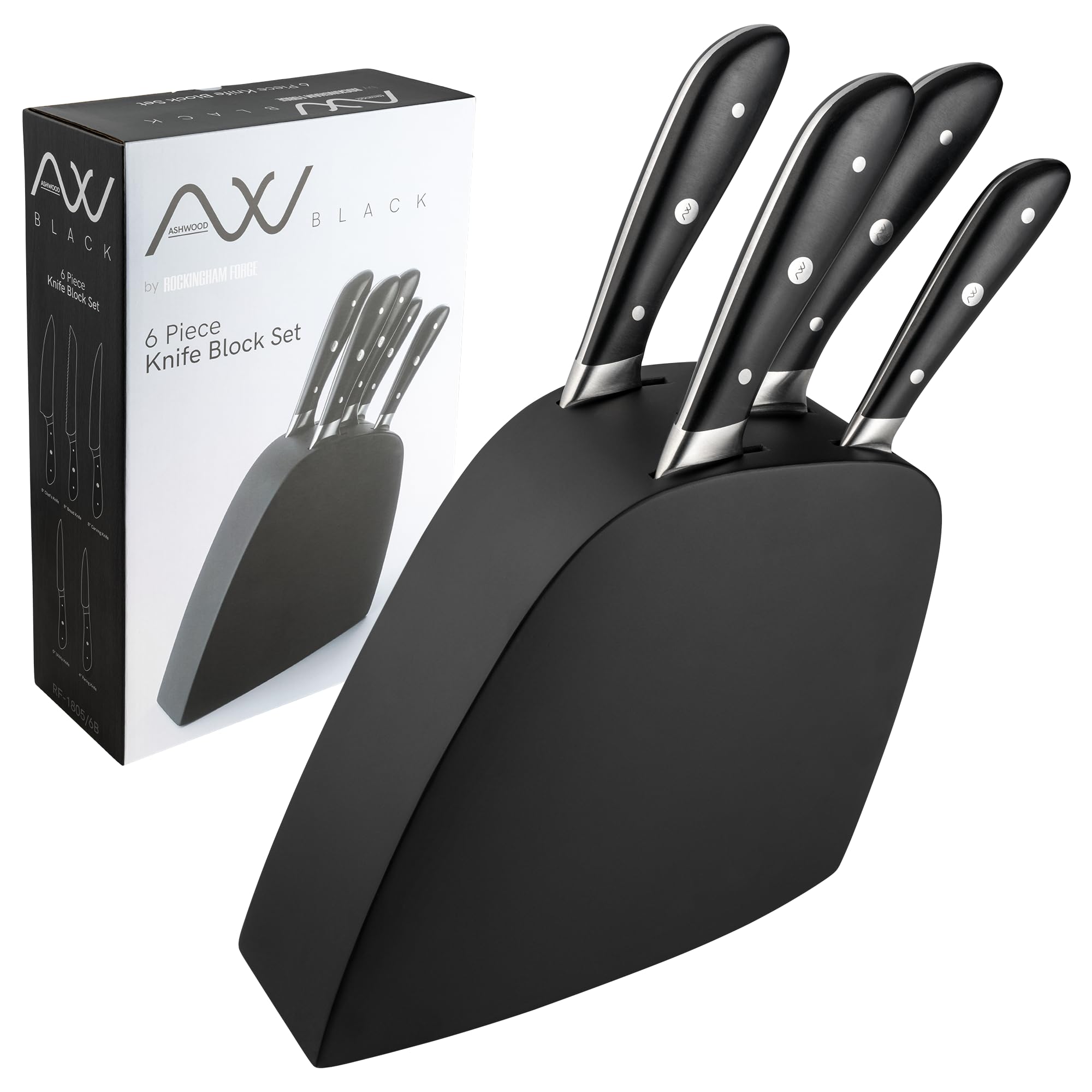 Rockingham Forge 6 Piece Knife Block Set - 5 Specialty Kitchen Knives with Wooden Block, Precision Cut Premium German Steel Blades - Black