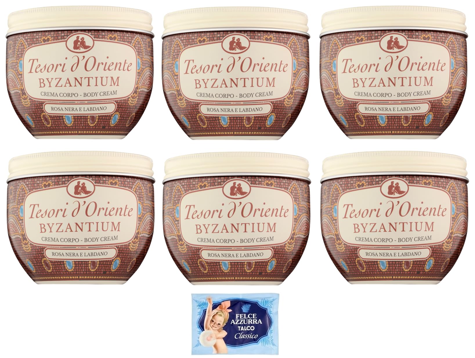 Tesori d'Oriente Crema Corpo Byzantium, Körpercreme, schwarze Rose und Ladanum, 300 ml + 1 Packung gratis Talk Felce Azzurra im Beutel, 100 g