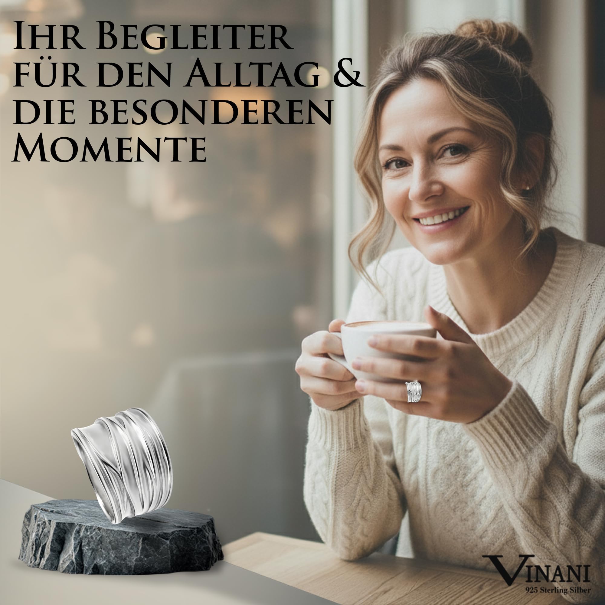 Vinani Ring aus 925 Sterling Silber - Breiter Damenring mit sandgestrahlter Struktur und glänzenden Elementen für Frauen, nickelfrei & antiallergisch, Designed in Deutschland, RBM