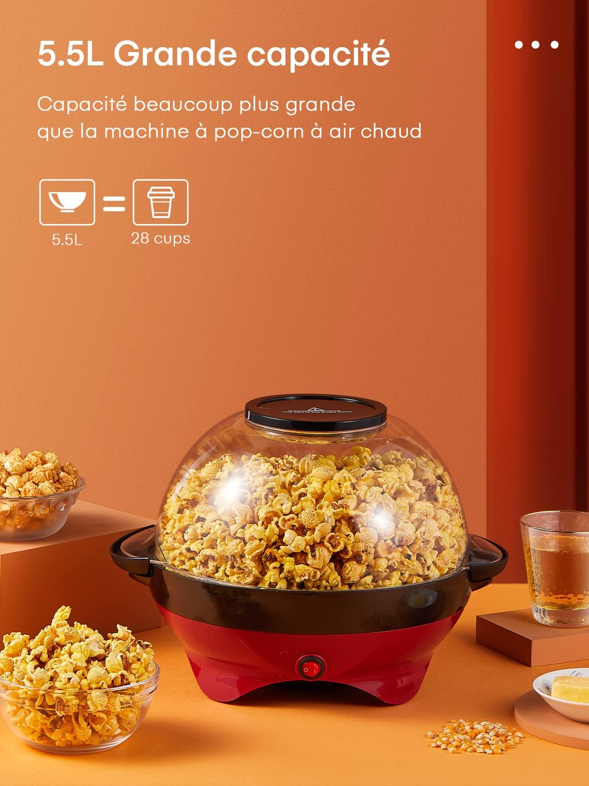 HOUSNAT Machine à pop-corn - Grande capacité de 5,5 l - 800 W - Avec revêtement antiadhésif et surface chauffante amovible - Silencieuse et rapide