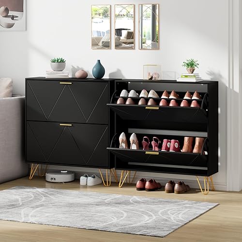 Miniatura 8 de JOZZBY Armario de zapatos delgado para entrada, armario de zapatos negro con 2 cajones abatibles y almacenamiento superior, almacenamiento oculto de