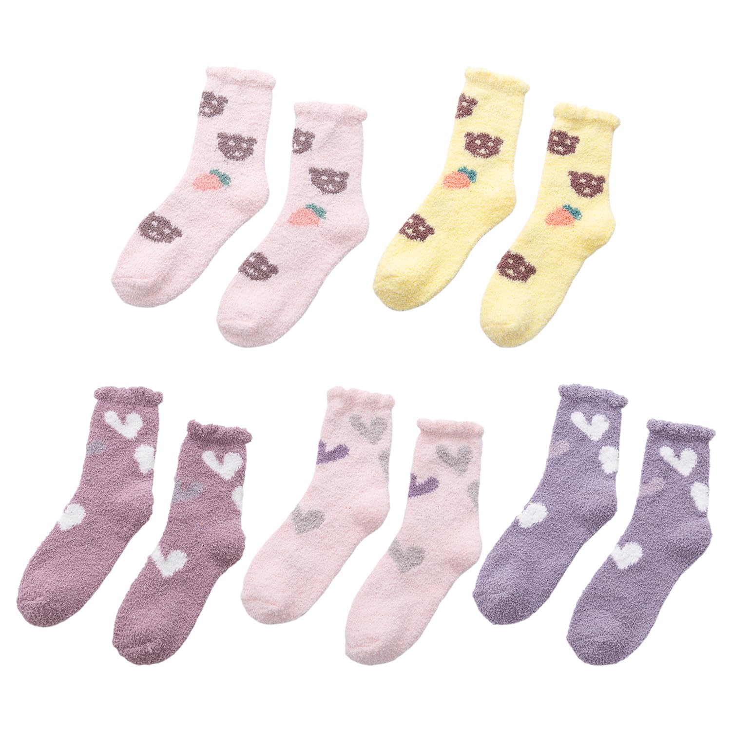 VEHYEGOI 5 Pairs Of Love Pattern Socks, Cute Plush Socks, Coral Fleece Socks, Warm Socks, Home Floor Socks For Women