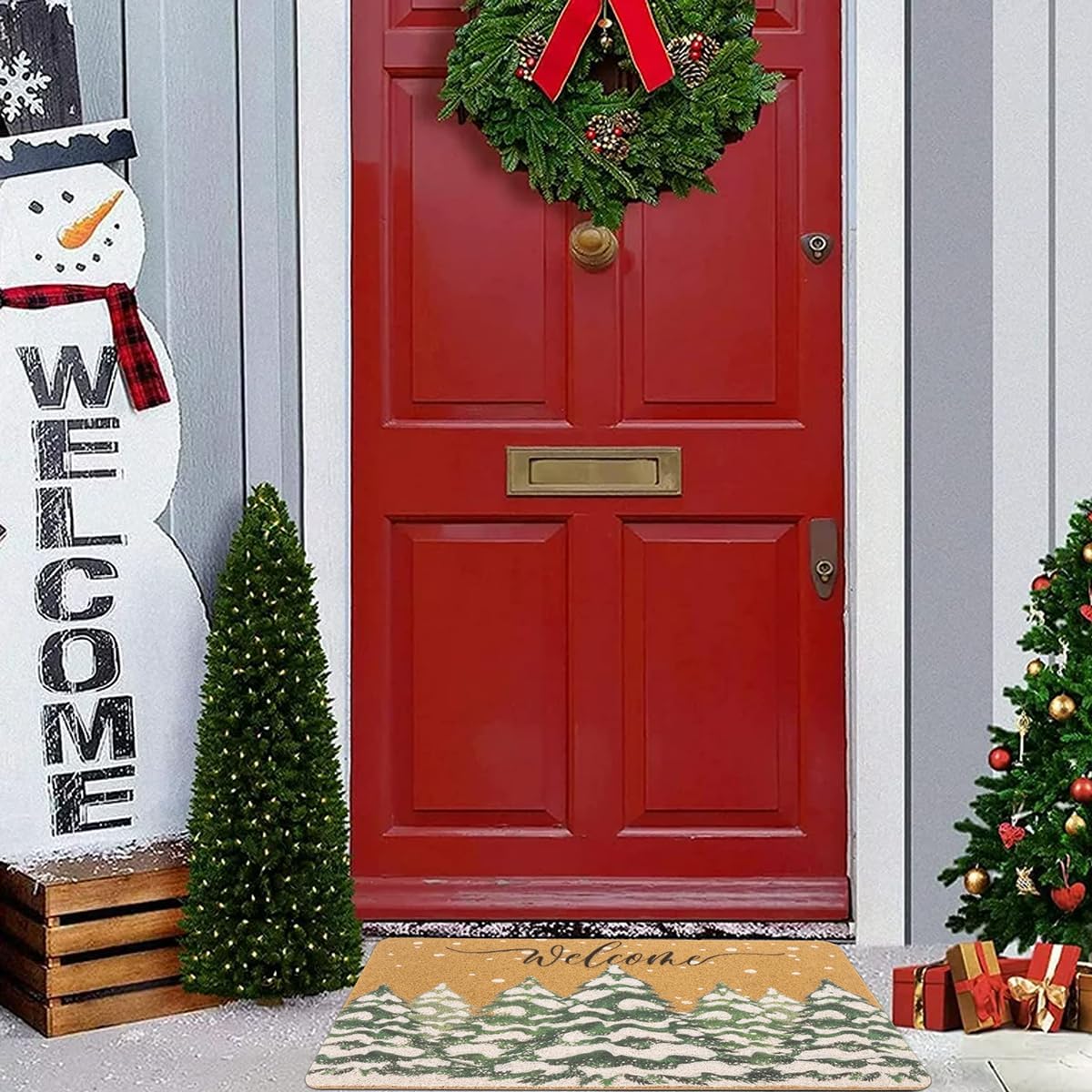 Christmas Welcome Doormat for Winter Outdoor - Snowflake Pine Artificial-Coir Door Mat with Backing Anti-Slip Holiday Home Decor(30 x 17 Inches)