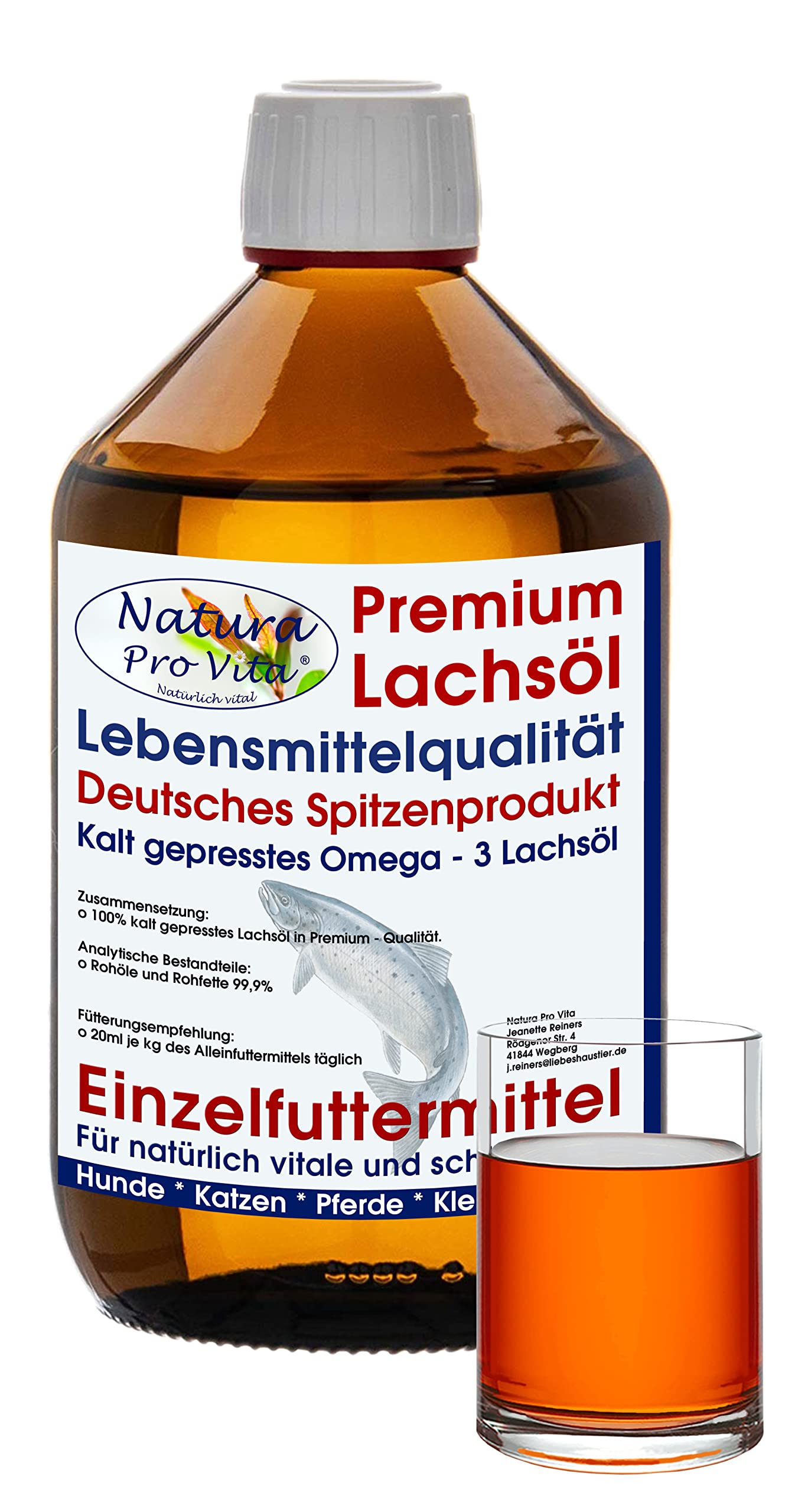 Lachsöl Katzen Lebensmittelqualität kaltgepresst Omega-3-Öl Katzen Natura Pro Vita gut für Haut Fell Immunkraft Fischöl Katzen Barföl 3L Glasflasche (3X 1L)