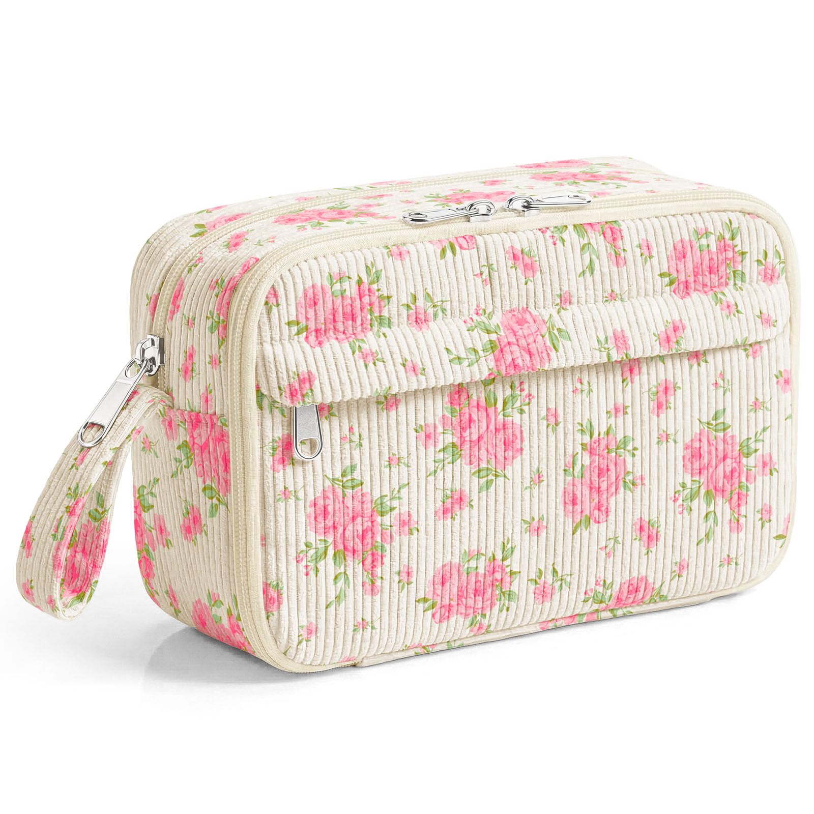 WOBAGMEN Cute Pencil Case,Large Corduroy Zippered Pencil Case Pouch, aesthetic Pencil Bag with Compartments, Pencil Pouch School Supplies (Big Pink Floral)