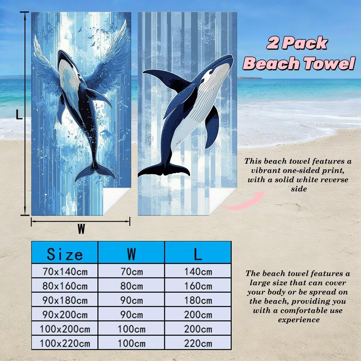 Ręcznik plażowy XXL, 100 x 200 cm, zestaw 2 szt., z mikrofibry, ręcznik plażowy, wieloryb, szybkoschnący, do sauny, fitness, bez piasku, ręcznik plażowy, do sauny, duży ręcznik kąpielowy, prezent dla