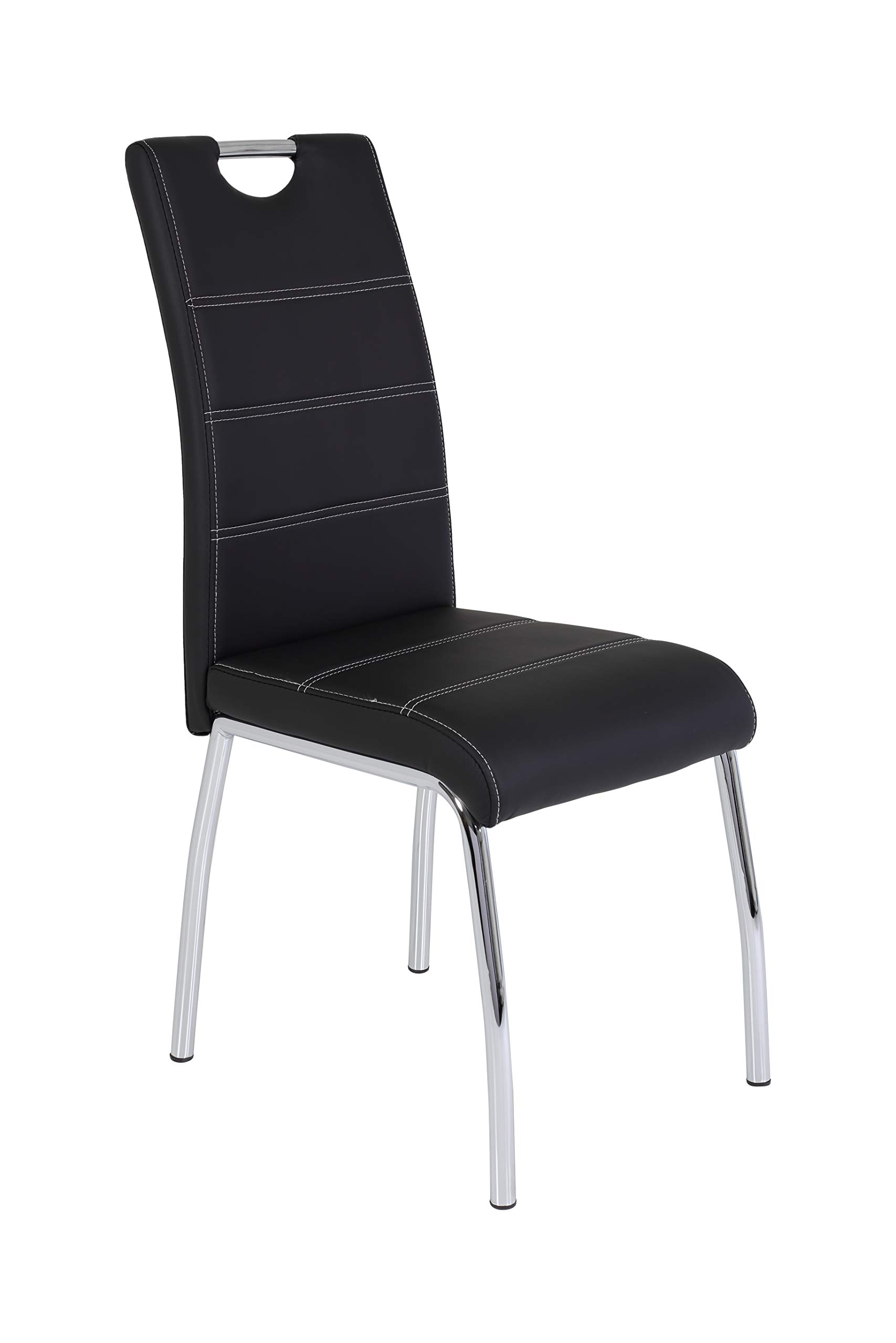 Hela Tische, 4er Set Esszimmerstuhl Susi, Bezug Kunstleder Schwarz, Griffmulde, Metallgestell Chrom, 43 x 61 x 98 cm