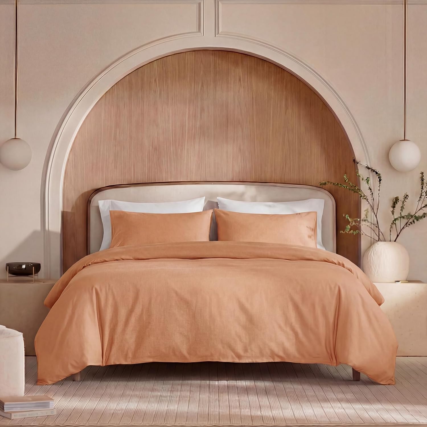 100% Washed Cotton Duvet Cover Queen Size – Burnt Orange, Linen-Like Texture, Super Soft & Breathable Bedding Set, 3-Piece Durable Percale Comforter Cover
