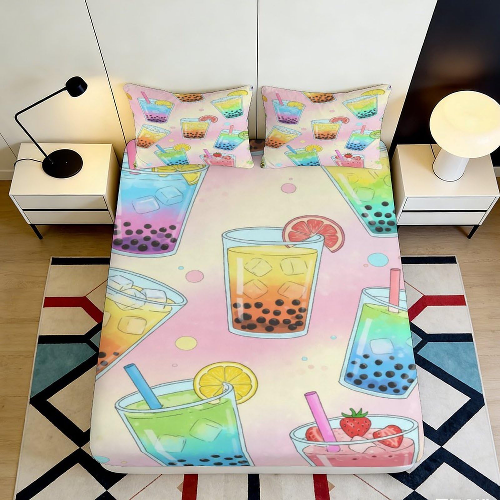 3D Printed Colorful Bubble Tea Fitted Sheet Microfiber Soft Drink Pattern Bed Cover for Bedroom Dorm Guest Room Decor 90x200x25cm