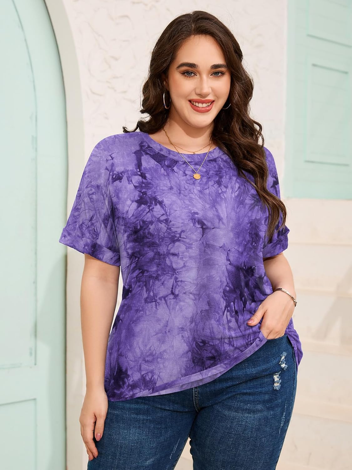 LARACE Plus Size Tunic Tops for Womens Summer Shirts Roll Up Short Sleeves Blouses Loose Fit Tee Shirts Womens Casual Tops - Image 2