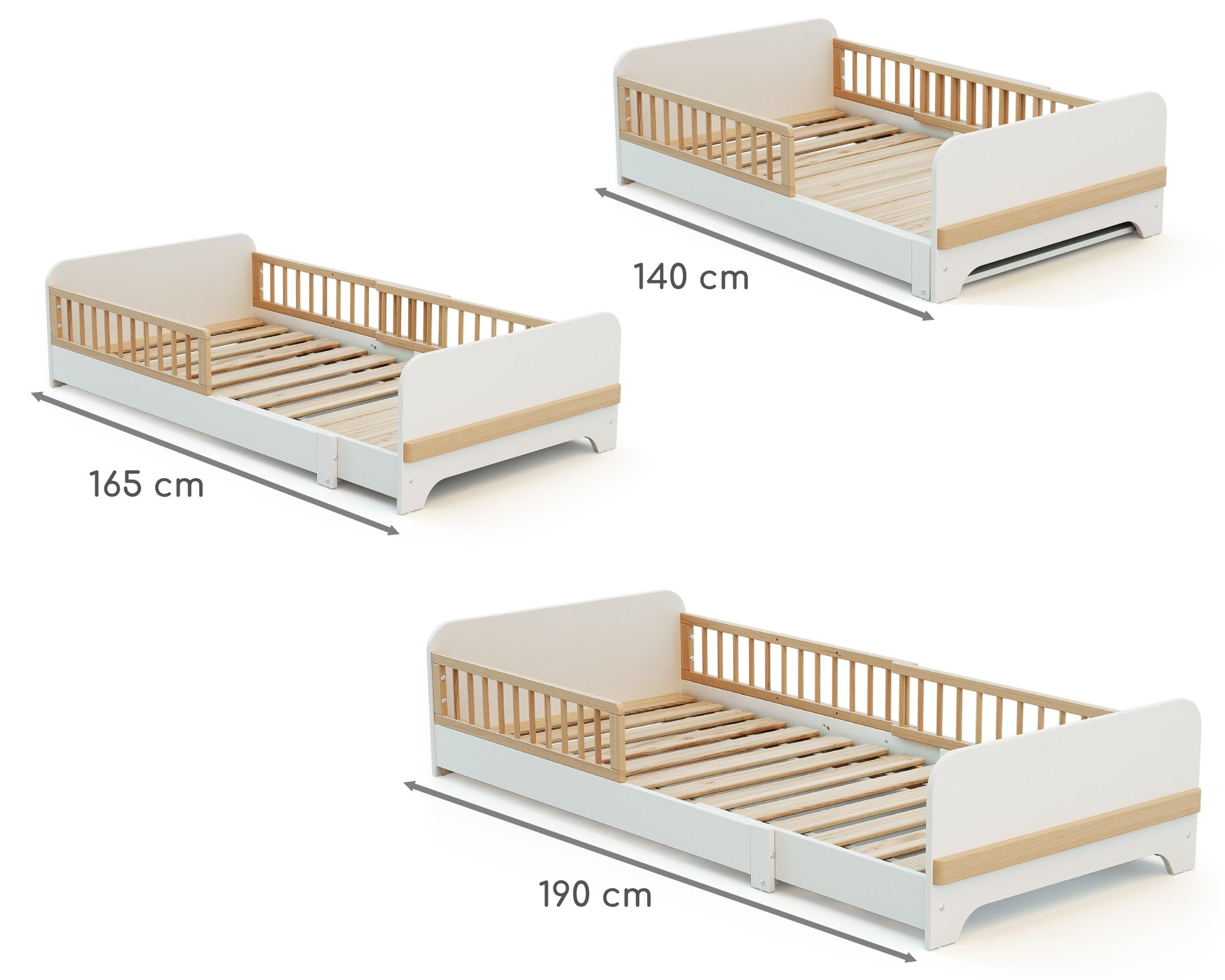 Lit au Sol Enfant Extensible en Bois 80x140-165-190 CARROUSEL avec Matelas - Blanc