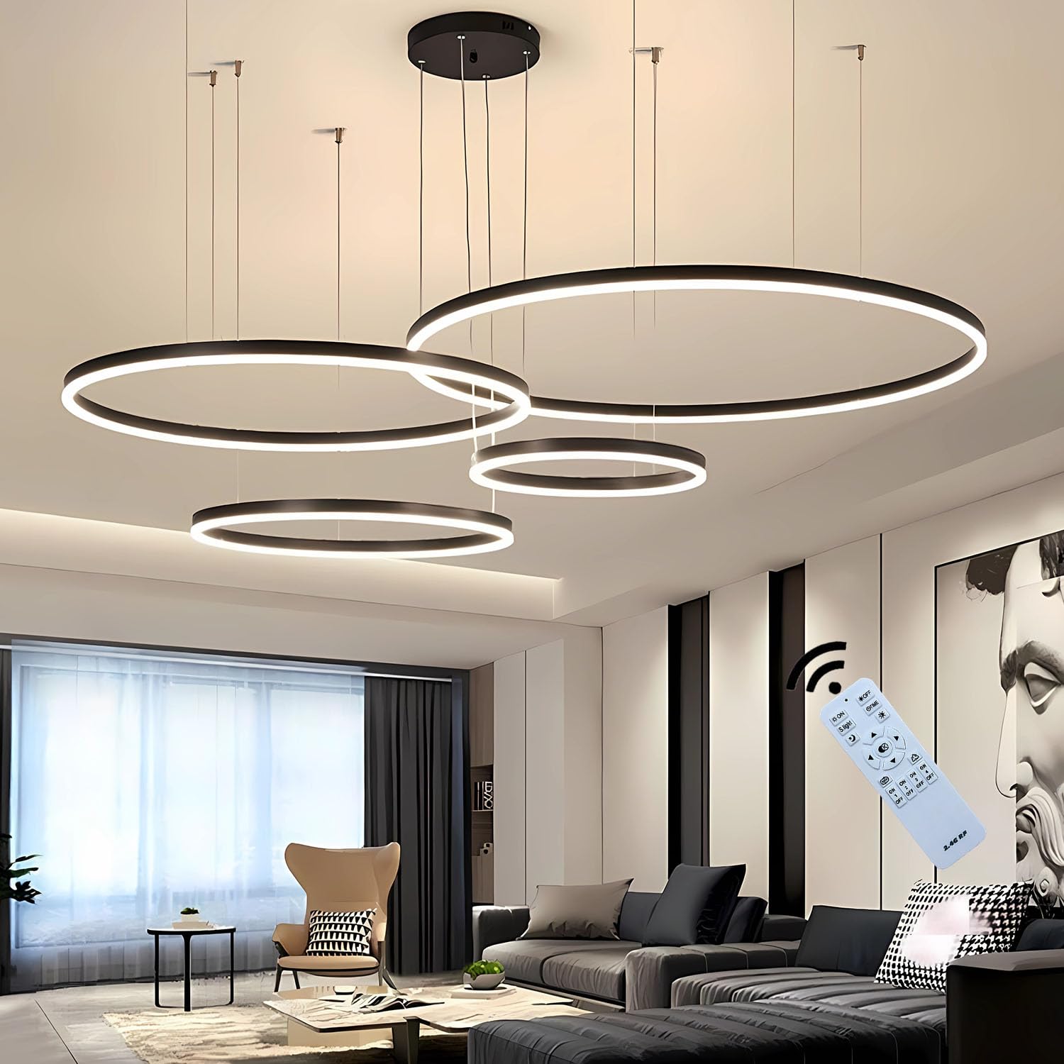 Moderna Lámpara Colgante LED 4 Anillos Instalación independiente 90W Negro colgante ajustable Lámpara de techo regulable Con Control Remoto Para Sala estar Dormitorio Comedor 20×40×60×80CM