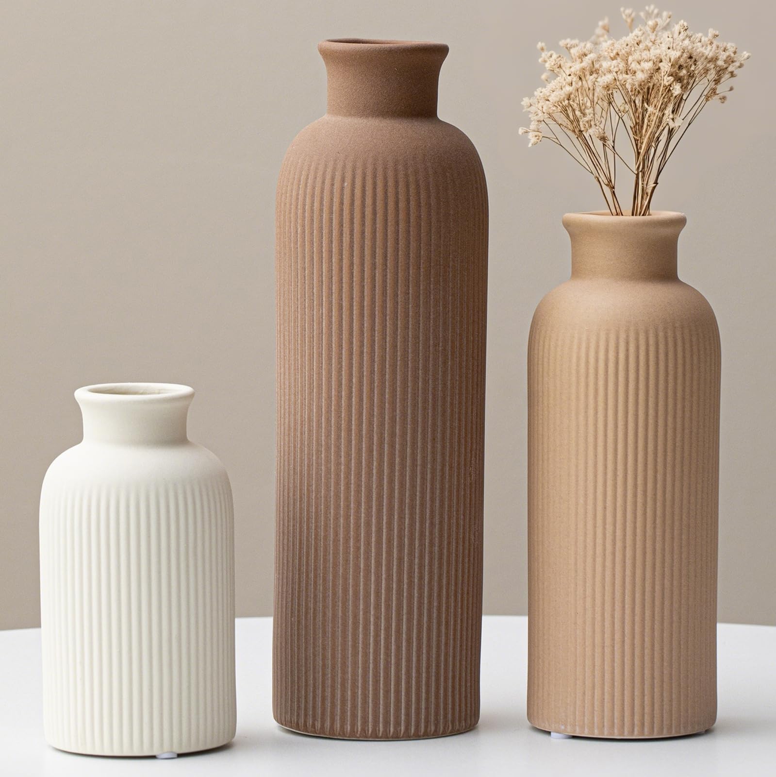 3-Piece Ribbed Ceramic Vase Set in Earth Tones