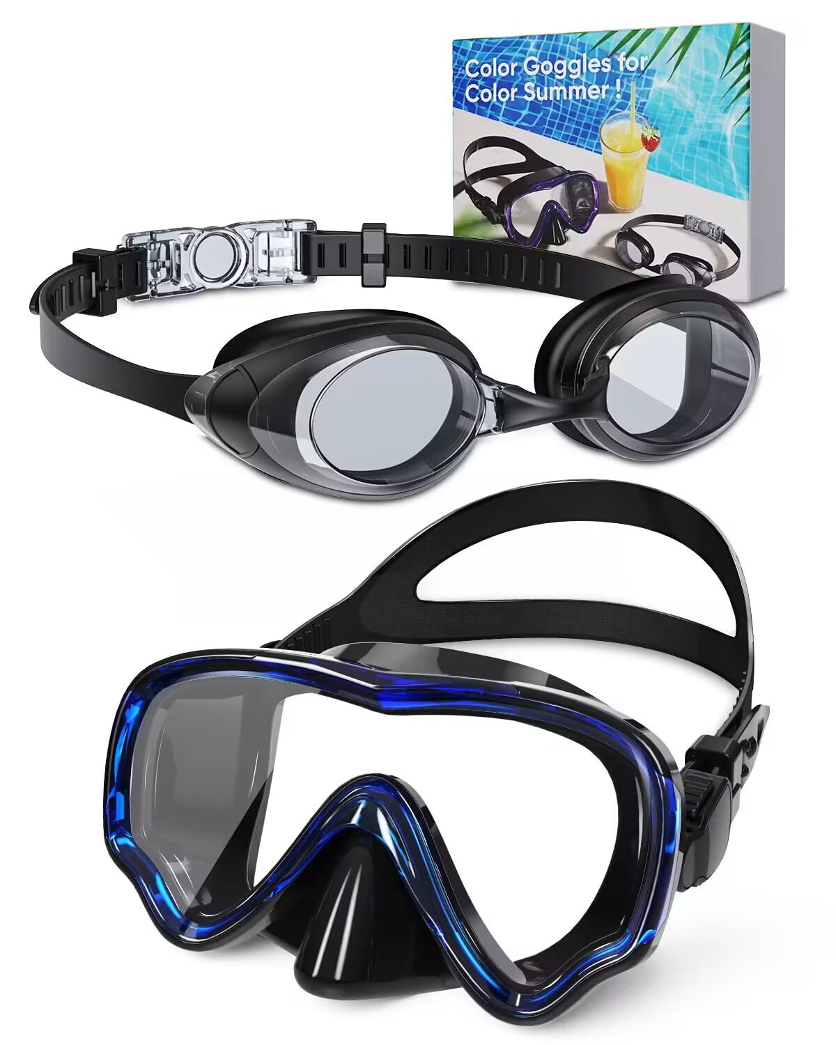 Adult Swim Goggles and Snorkel Mask Set, Panoramic View Diving Mask, Anti-fog no Leak Swimming Goggle with Replaceable Nose Bridge, Shallow Snorkelling and Scuba Diving, Water Gear for Swimming
