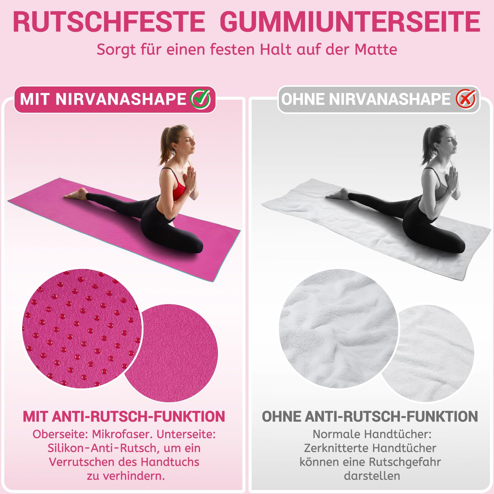 Novent Toalla de yoga antideslizante, 185 x 65 cm, toalla de yoga de microfibra con puntos antideslizantes, almohadilla higiénica para esterilla de yoga caliente, estudio y fitness, lavable