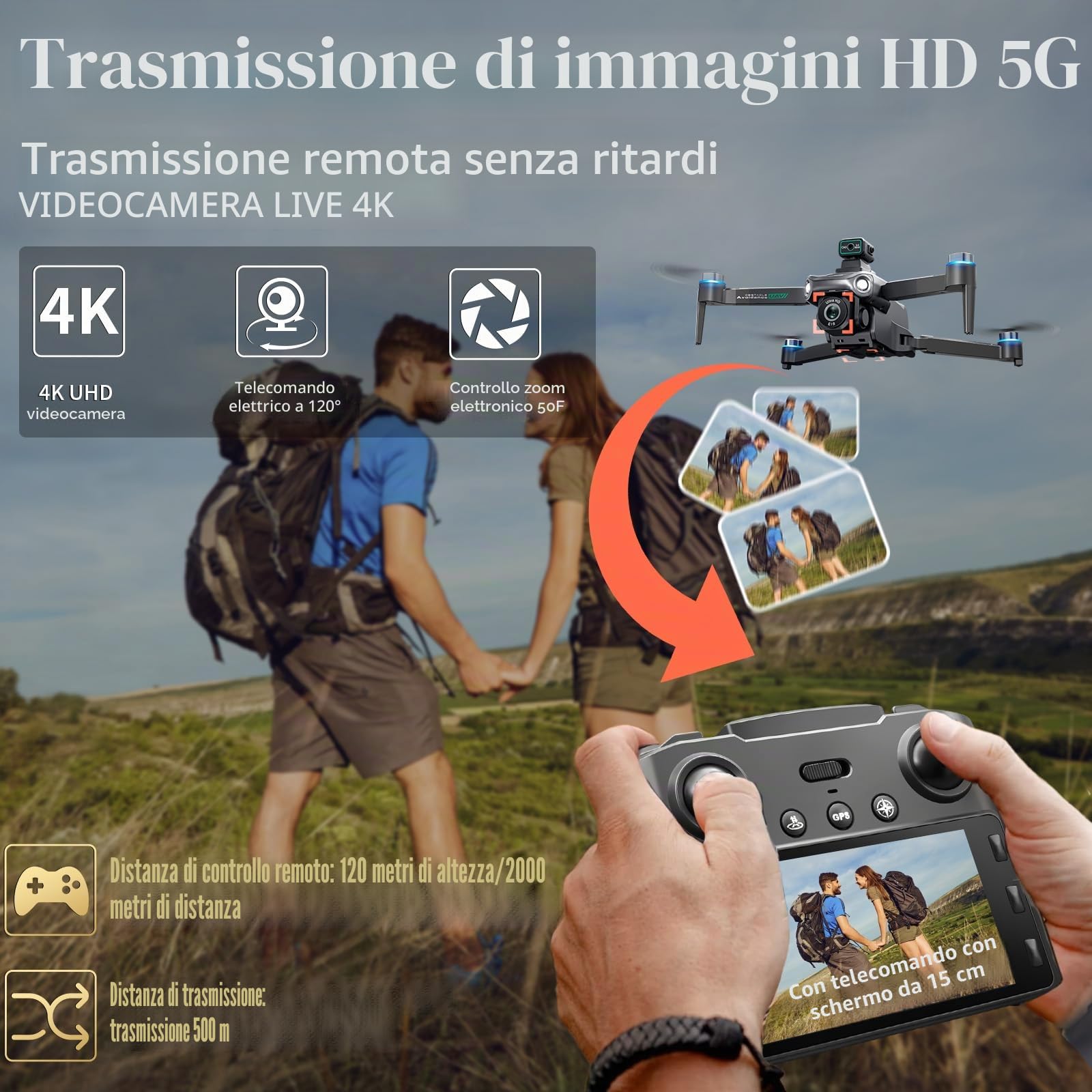 OBEST GPS Drone con Telecamera 4K, Wifi FPV Drone Professionale con Motore Brushless,120° Telecamera Regolabile Motorizzata,Evitare Gli Ostacoli,Radiocomando con Schermo,7.4V Batteria