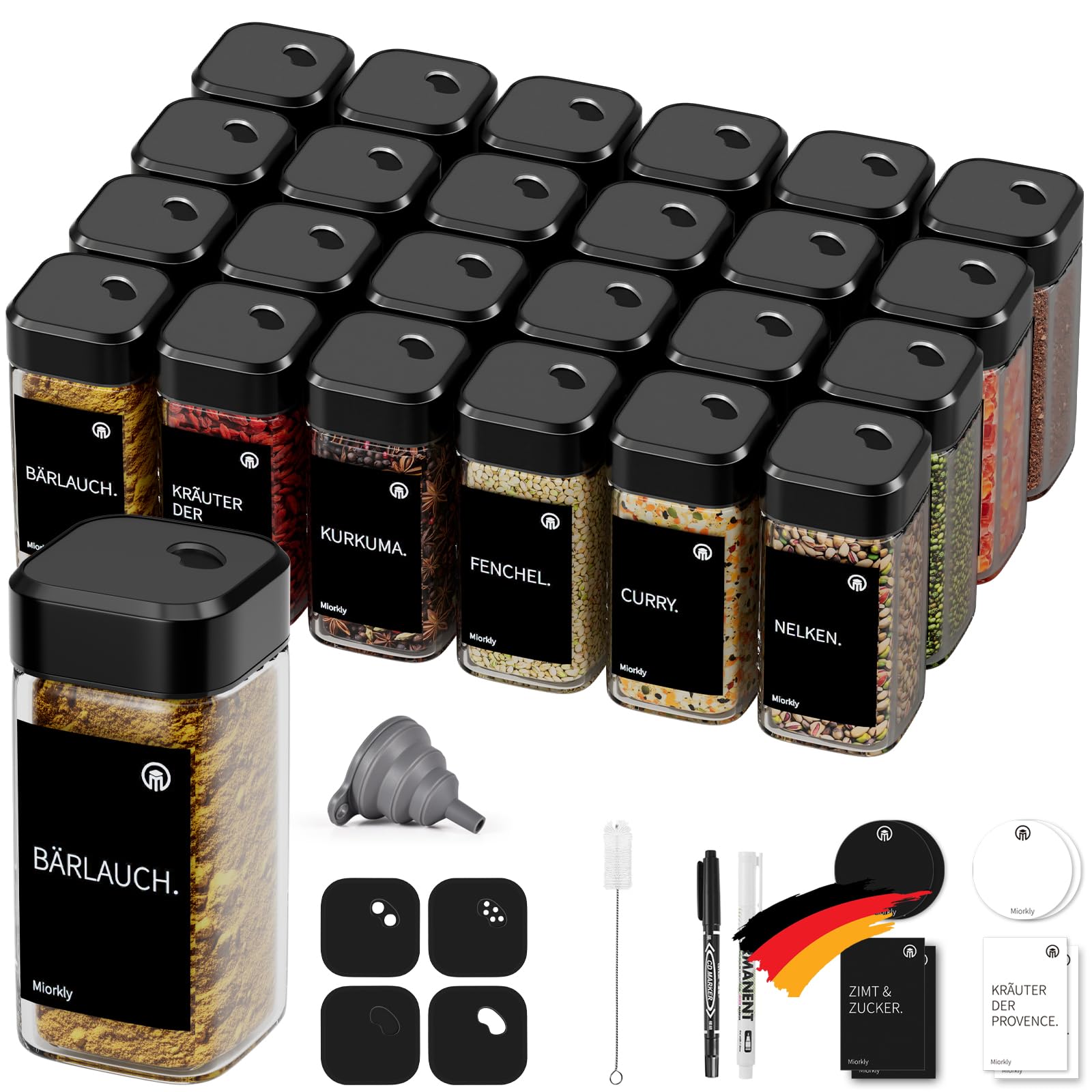 Miorkly 24 Gewürzgläser Eckig mit Drehdeckel,Gewürzstreuer Glas 120 ml - Gewürzdosen Set Starke Versiegelung - Gewürz Organizer - Gewürzbehälter mit Etikett-Gewürzglas Spice Jars(Schwarz)