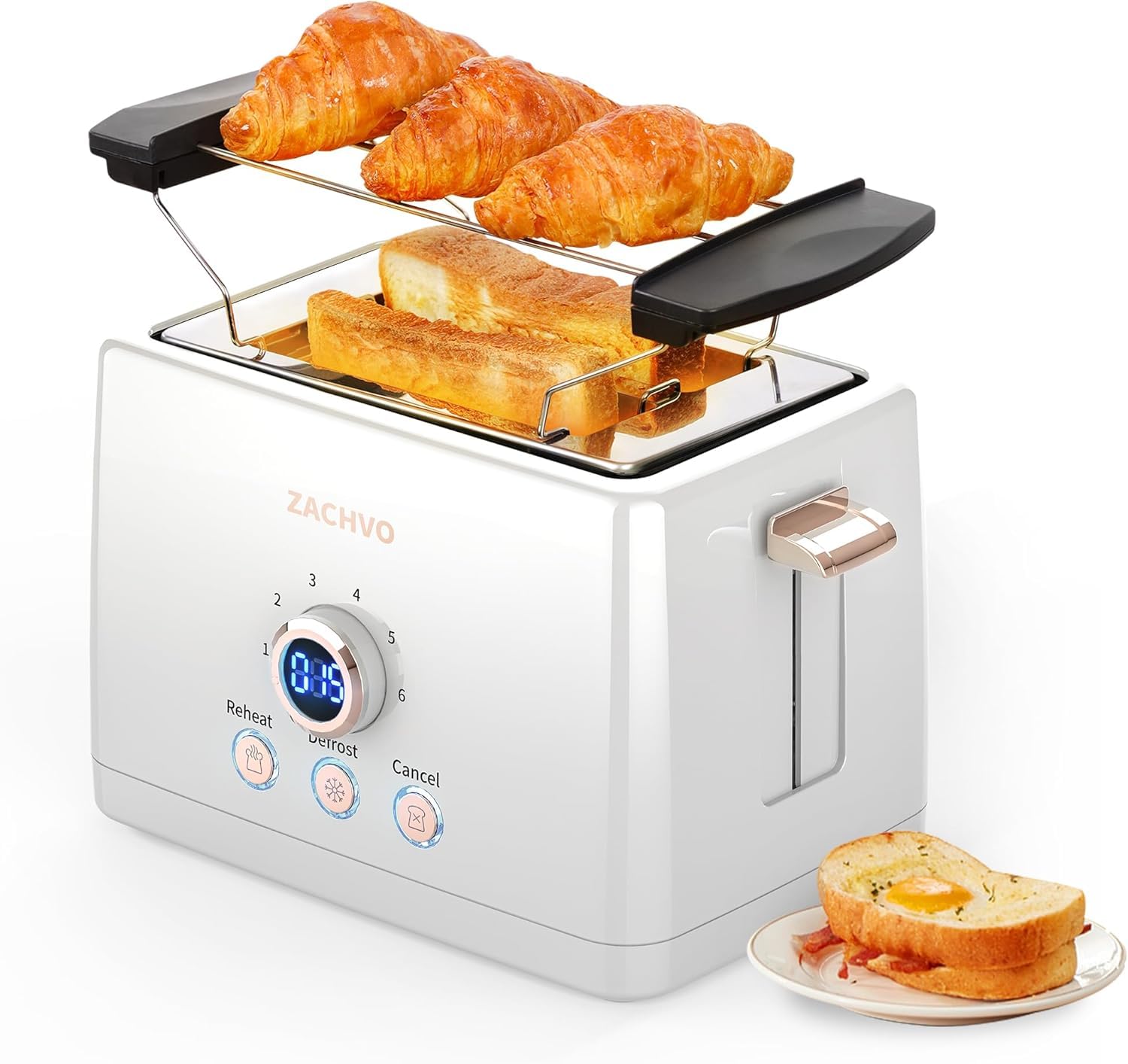 Toaster 2 Slice - ZACHVO Bread with Countdown Timer, Warming Rack, White
