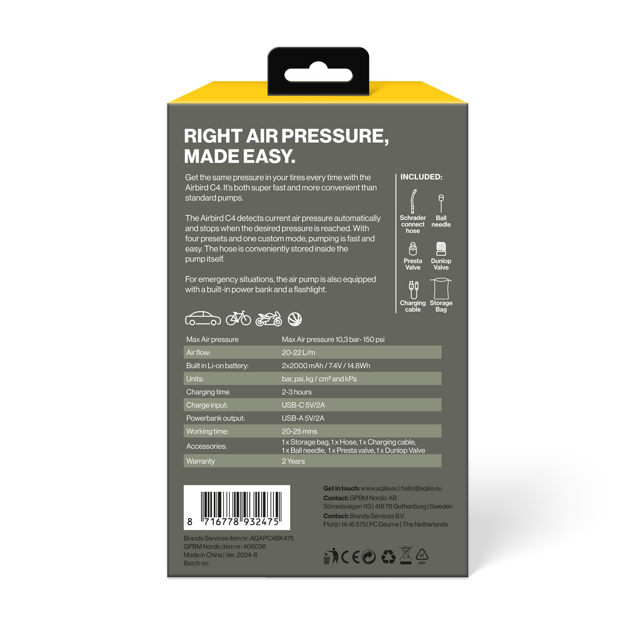 Airbird C4 - Pompe à air Portable et compresseur Haute Performance avec Batterie intégrée, Lampe de Poche, Installation Rapide et arrêt Automatique pour Un gonflage précis et sans Effort