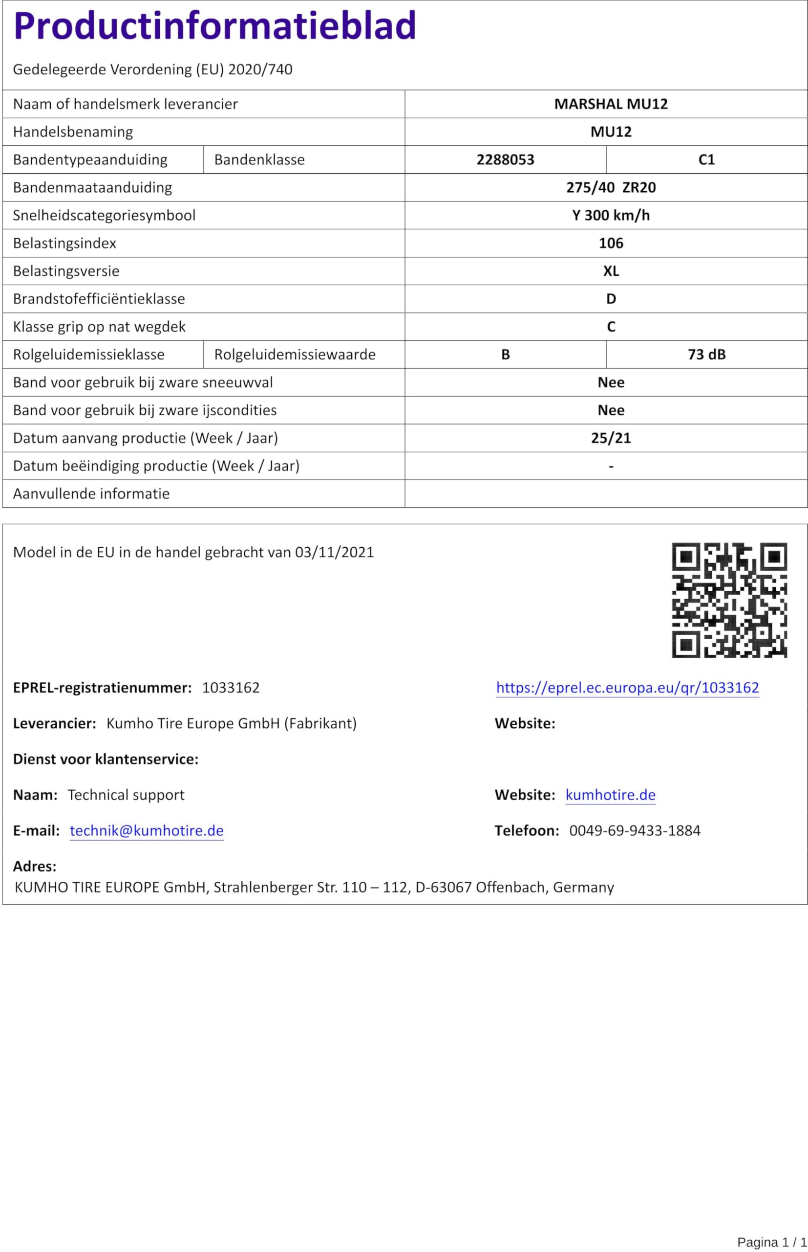 MARSHAL - 275/40 ZR20 TL 106Y MATRAC FX MU12 XL BSW – Pneumatici estivi