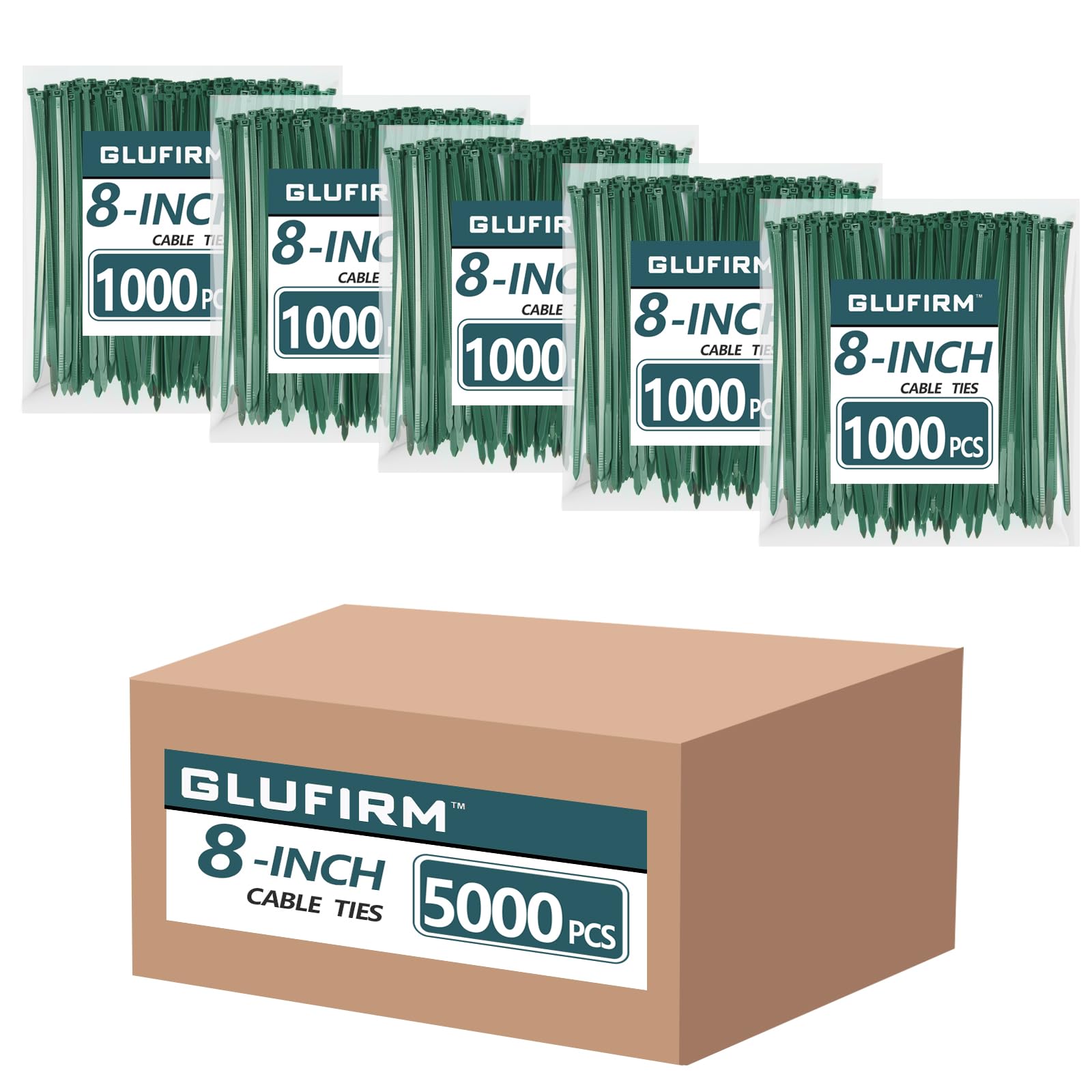 Green Zip Ties 8 inch (5000 Pack), 45lb Tensile Strength, Cable Ties for Indoor and Outdoor Use, UV and Cold Resistant Wire Ties for Home, Garden, Fencing, Glufirm