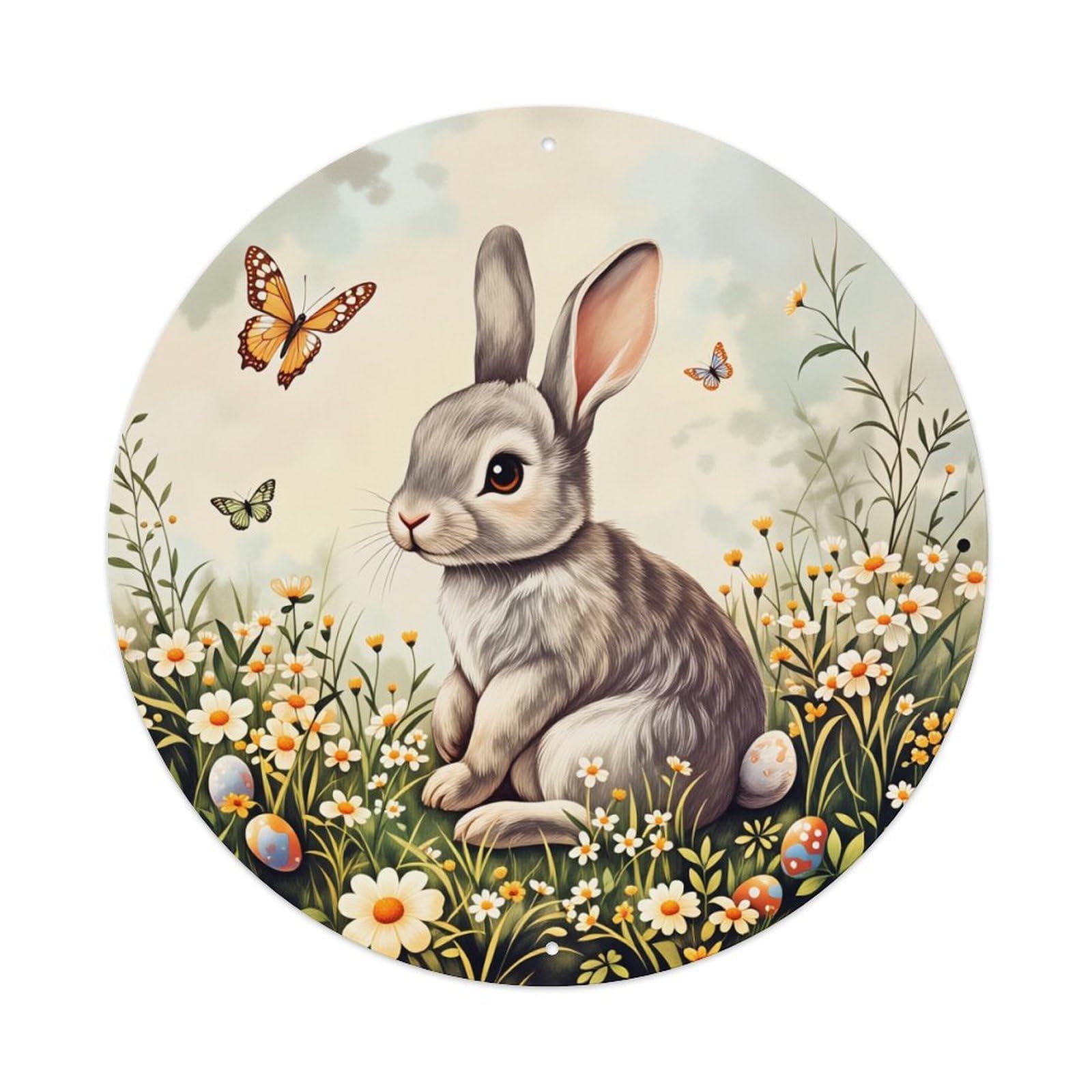 Easter Bunny Flowers Butterflies Eggs Round Tin Sign Vintage Style Metal Sign Home Bar Garden Wall Plaque Decor Metal Poster 8x8 Inch