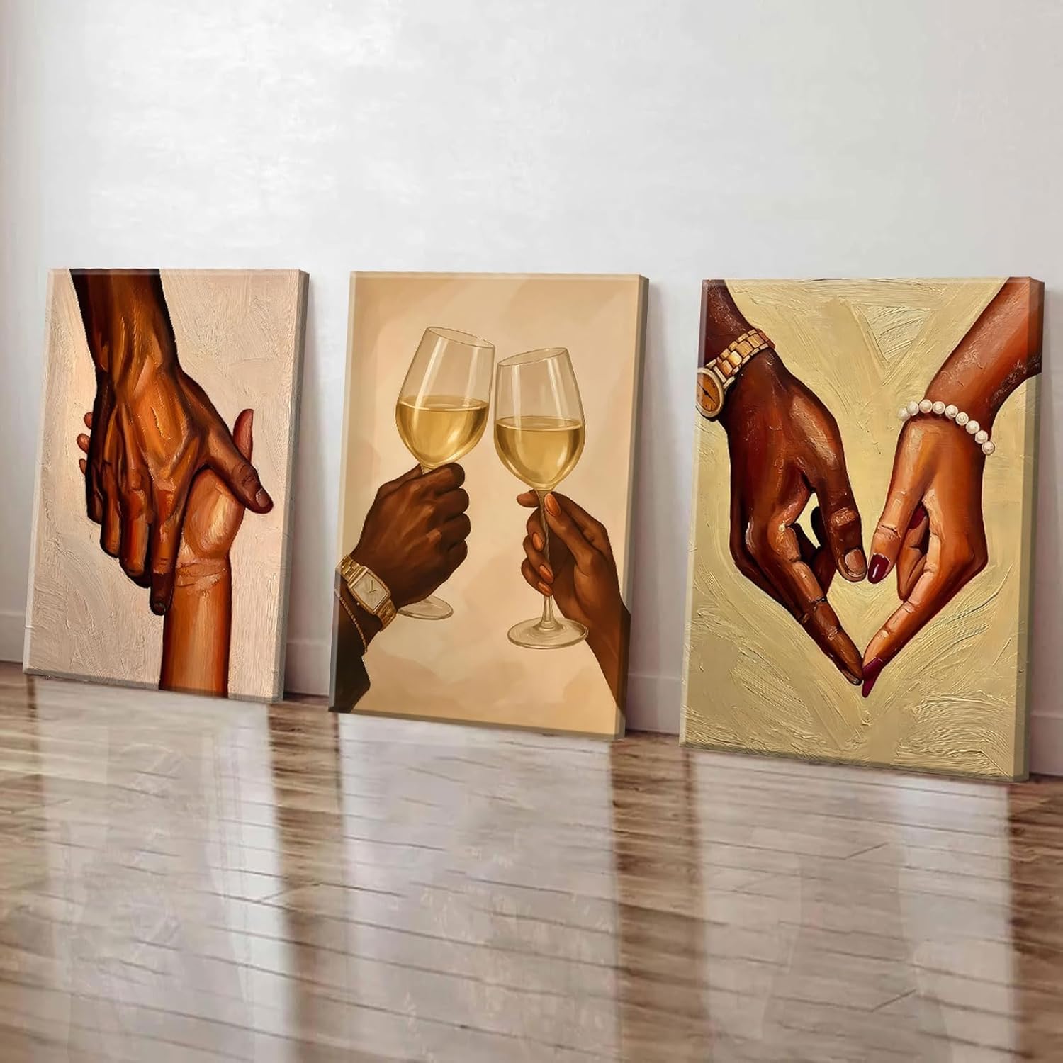3Pcs Black Couple Canvas Wall Art Black Love Wall Decor Pictures African American Couple Holding Hands Posters Prints for Living Room Bedroom Decoration 16x24in
