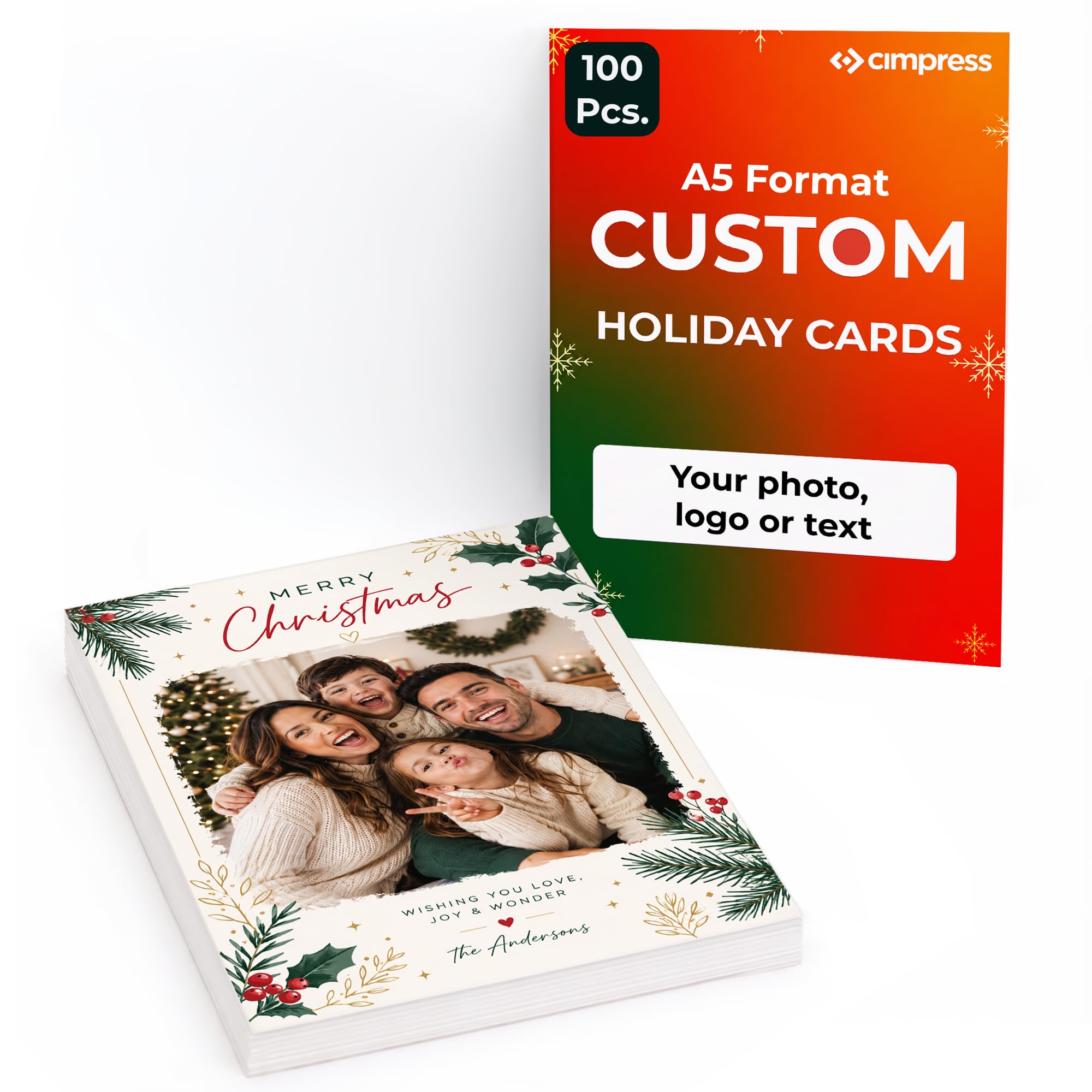 Cimpress Custom Holiday Cards, Photo/Logo/Text, A5 Vertical, Pack of 100