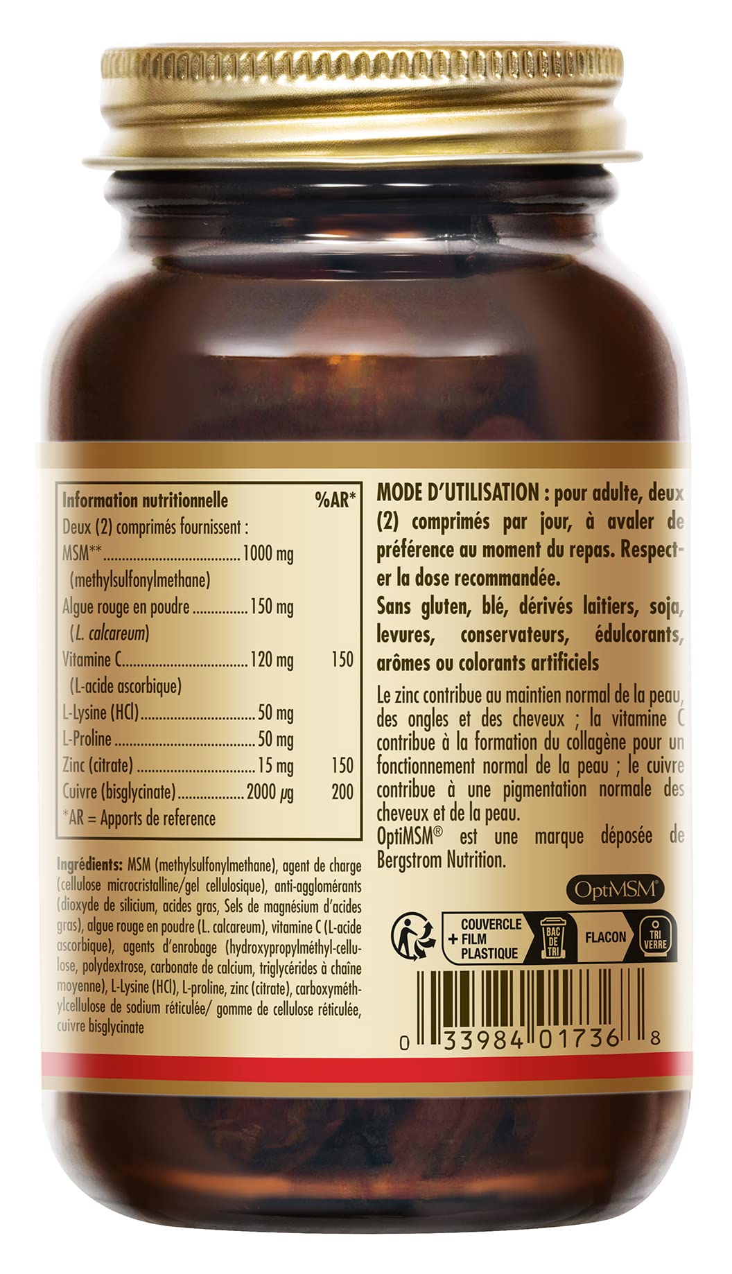 Solgar Peau, Ongles, Cheveux - Beauté - Nutriments essentiels : Zinc, Vitamine C, Acides Aminés, Cuivre - Forme Brevetée de MSM - Complément Alimentaire - Flacon de 120 comprimés