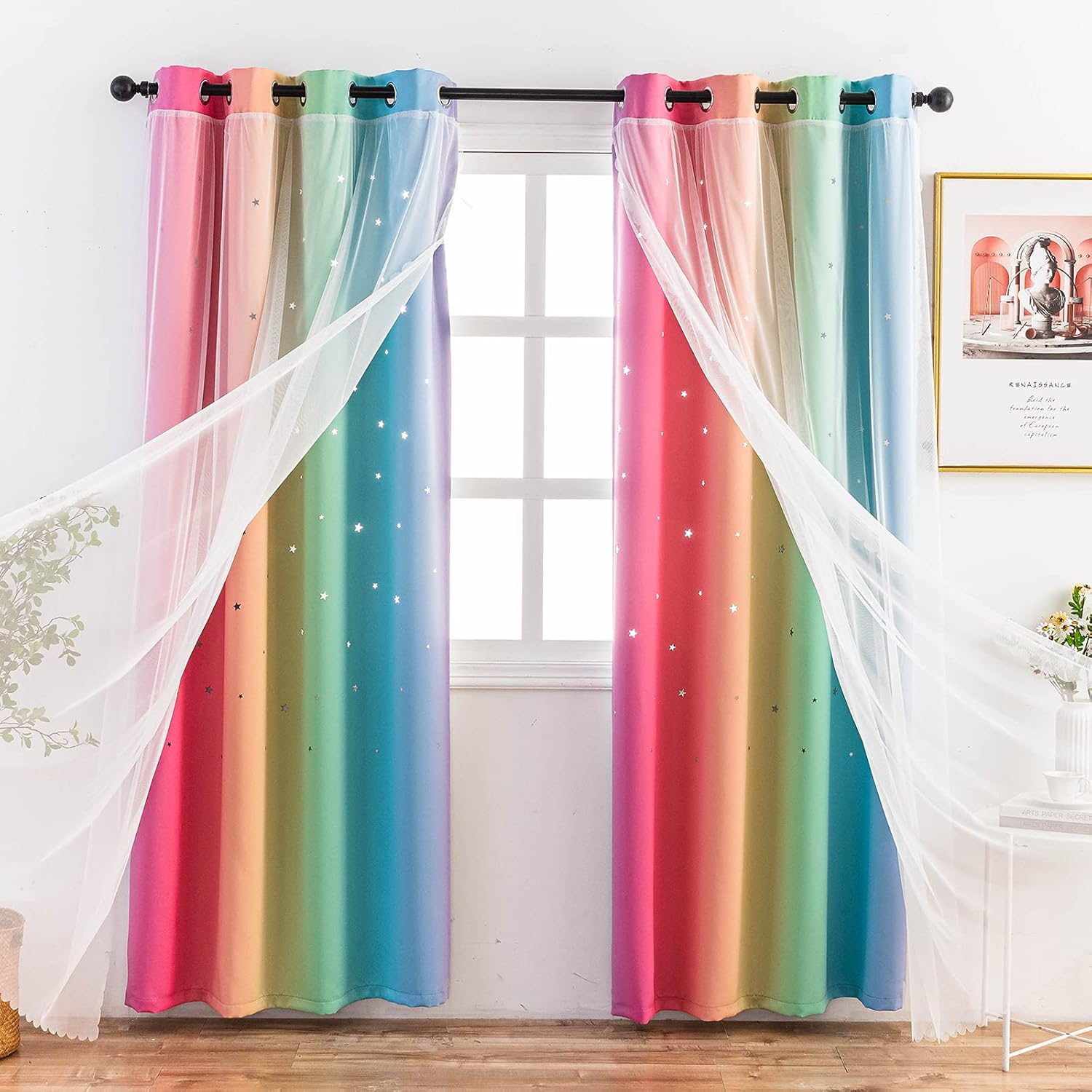 Stiio Kids Blackout Curtains 2 Panels, Star Cutout Ombre