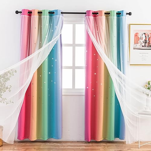 Stiio Cortinas opacas para niños, 2 paneles, con diseño de rayas degradadas con estampado de arco iris, bloqueo de luz, tratamiento de ventana para
