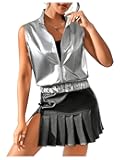 Women's Metallic Zip Front Mock Neck Collar Crop Tank Top Sleeveless Vest Jacket