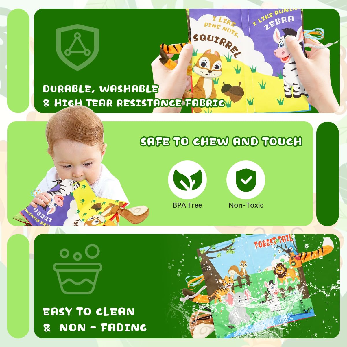 SNOWIE SOFT® Forest Cloth Books for Babies 0 to 3 Years, Sensory Book for Babies 6-12 Month with 3D Touch Feel High Contrast Dimensional, Built in Rustling Sound, Early Educational Waterproof Baby Toy 4