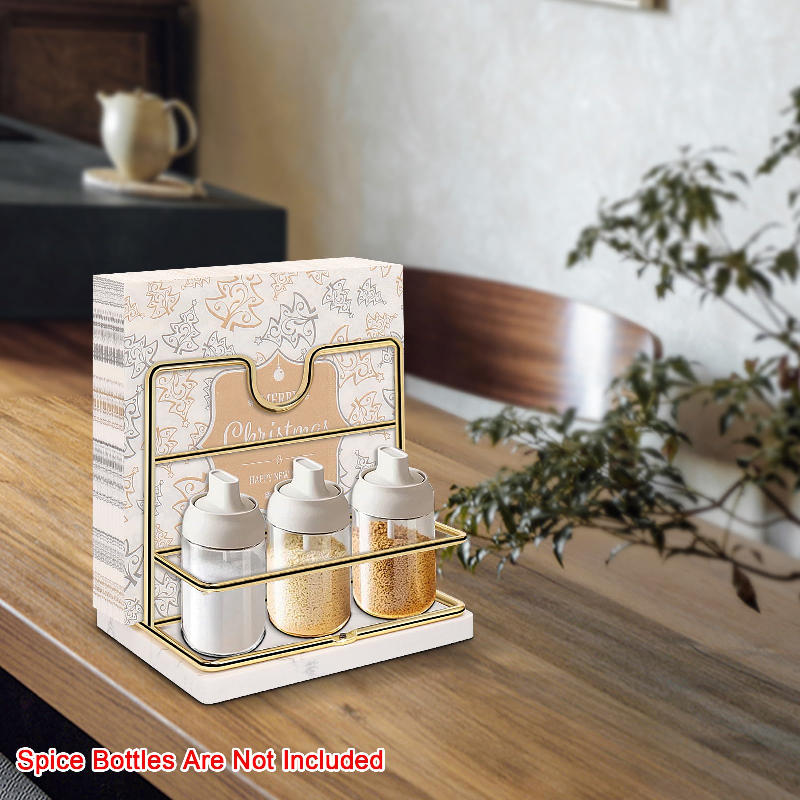 Livabber Servilletero con base de mármol, servilletero de metal con salero y pimentero, moderno dispensador de servilletas con estante de condimentos para especias para mesa, cocina, encimera (dorado)