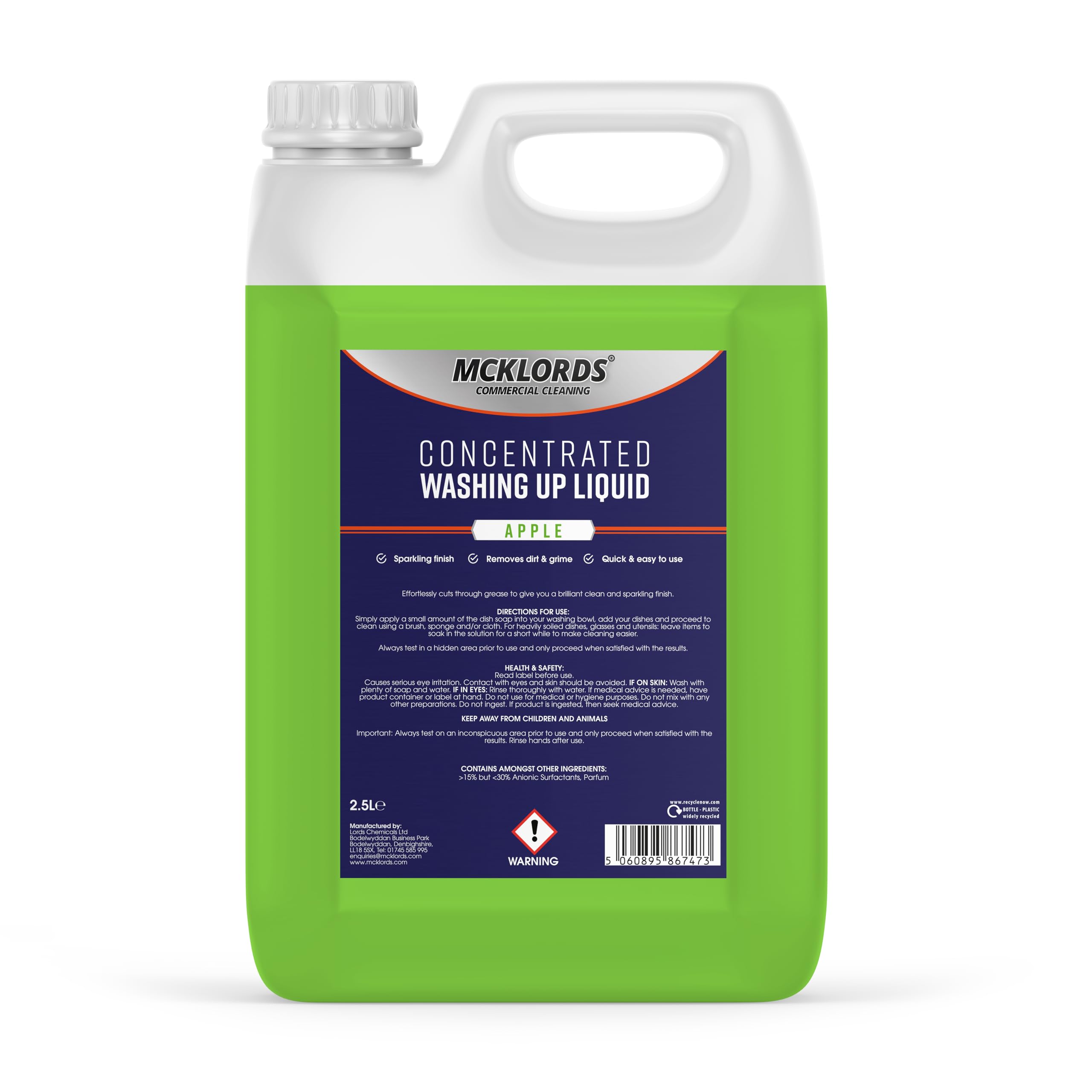 McKLords Commercial Concentrated Washing Up Liquid - Apple - 2.5 Litre