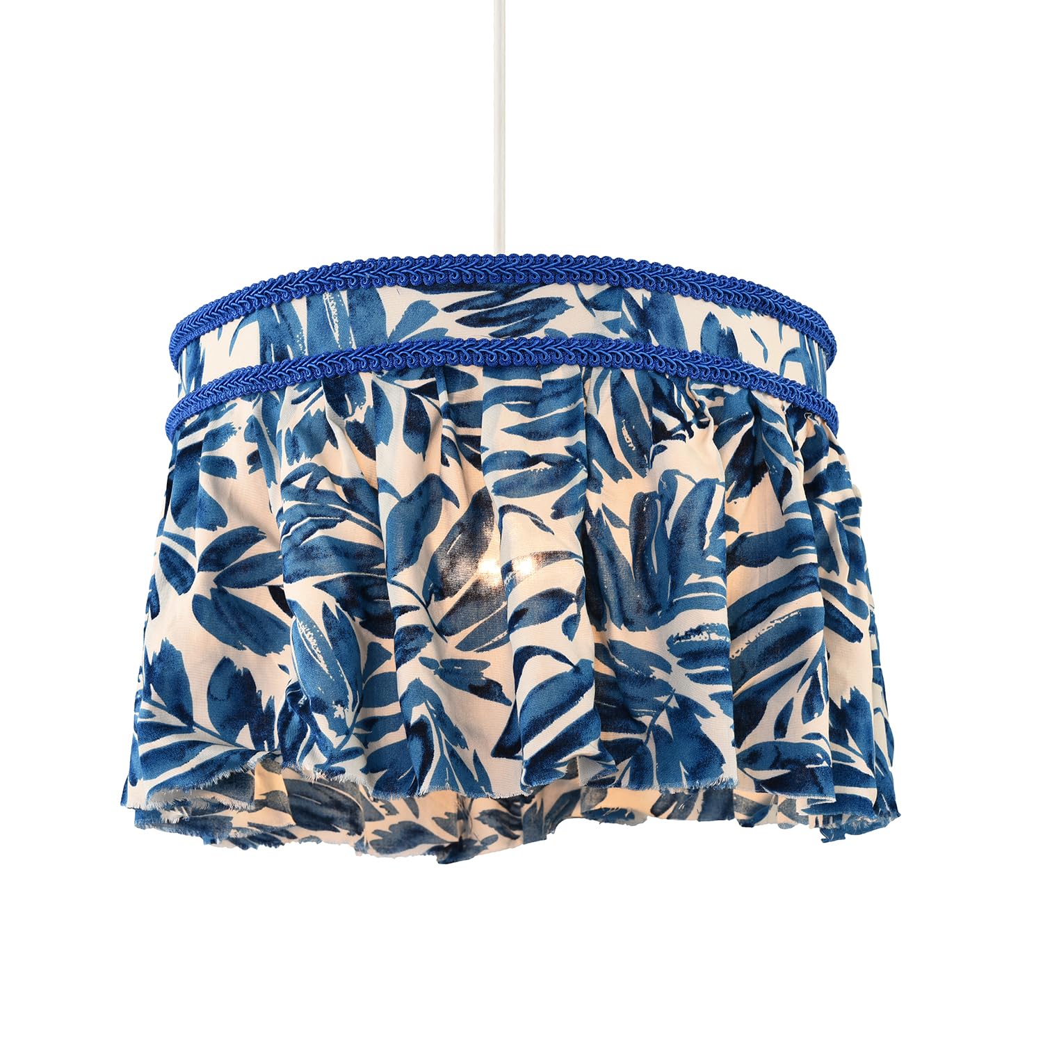 Modern Hanging Cotton Fabric Pendant Light Shade with Blue Floral Print and Embroidered Trims | 23cm x 30cm | Shabby Chic Style by Happy Homewares