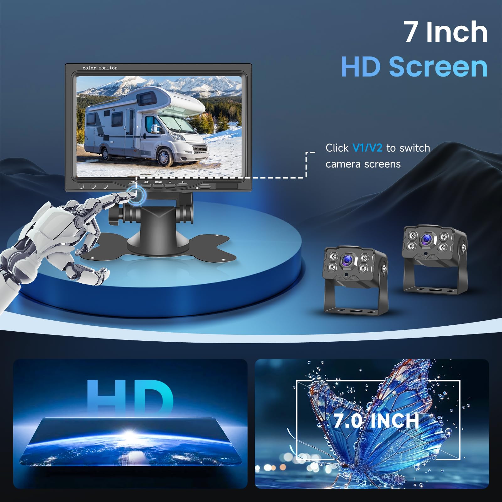 Telecamera Retromarcia HD 1080P 7 Pollici IPS Monitor 2 Camera Kit, Impermeabile IP68 IR Visione Notturna Telecamera di Retromarcia per Camion, Autobus, Furgoni, Camper, 10M cavo+15M cavo