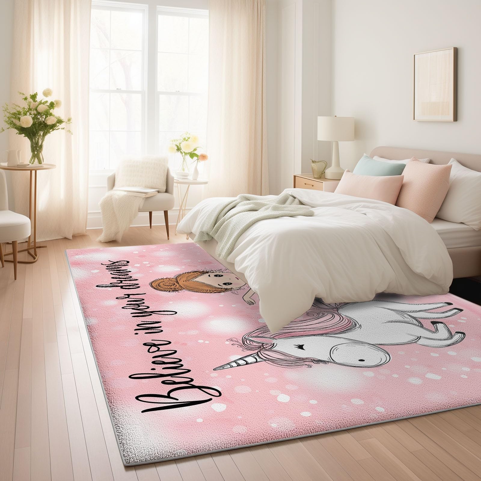 Waschbarer Rutschfester Teppich 80 x 150cm, Süße Ballerina Mädchen und Einhorn, Leichte und Flauschig Matte, Strapazierfähig für Flur, Eingangsbereich, Wohnzimmer Kinderzimmer Teppiche Gegend
