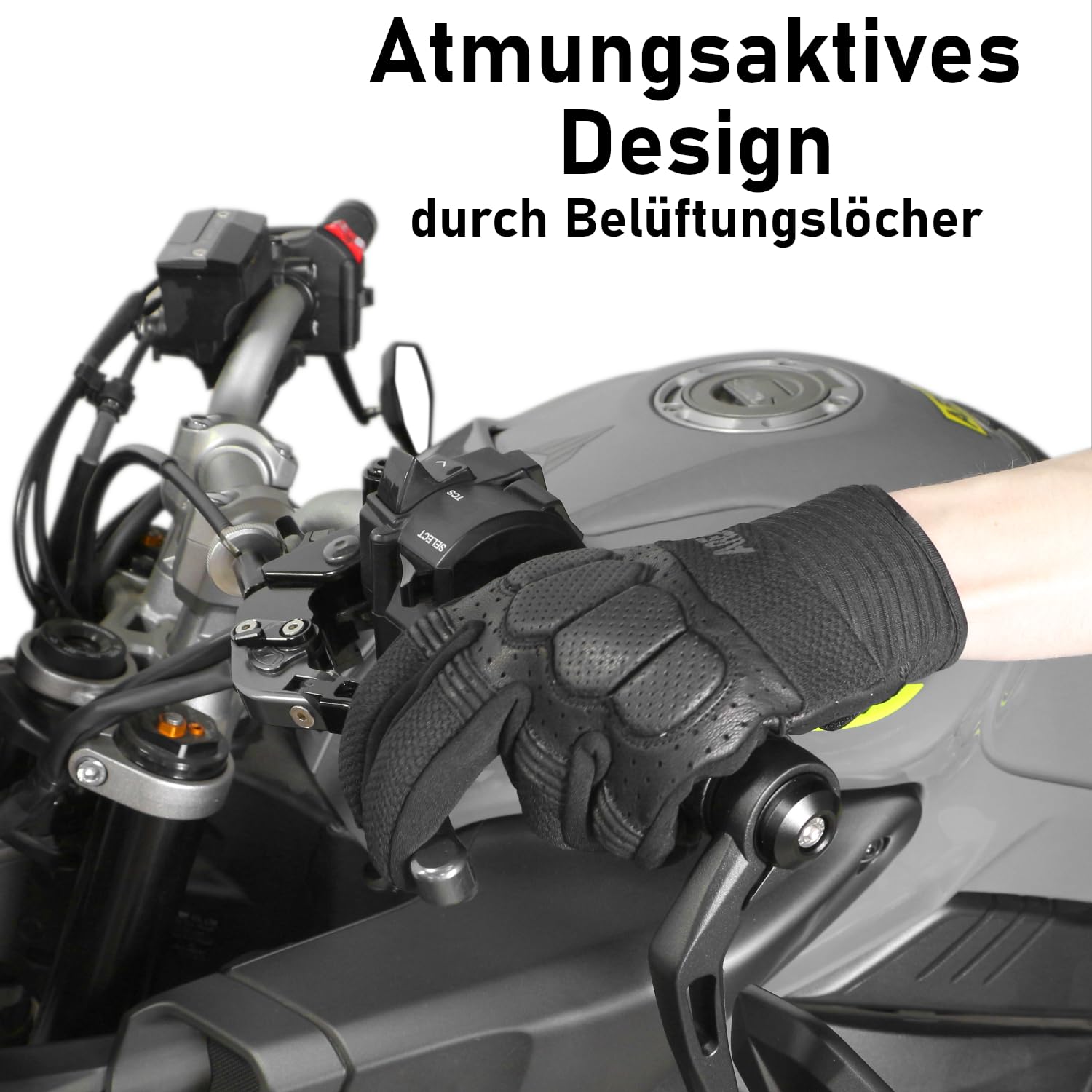 Area1 Motorradhandschuhe Leder mit Kevlar® Verstärkung, Atmungsaktiv, Knöchelschutz, rutschfeste Innenfläche – Sommer Motorrad Handschuhe Herren Damen Schwarz (Größe M-XXL)