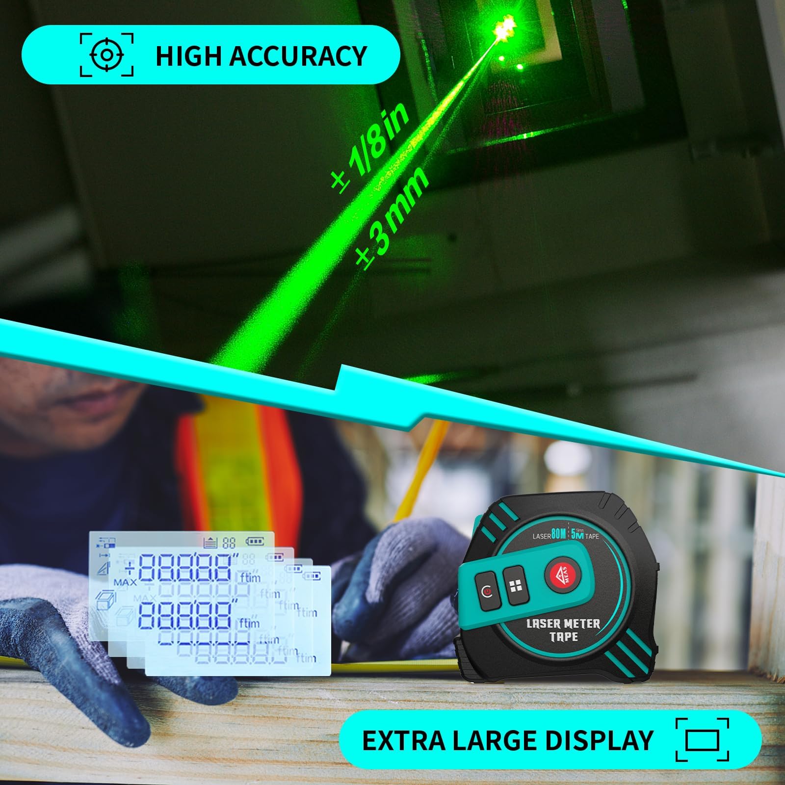 Laser Distance Meter 196ft Digital Laser Measuring Tool with LCD Backlit Display, Pythagorean Mode, Area & Volume Calculation, ±2mm Accuracy, Class II, Electronic Tape Measure for DIY and Construction