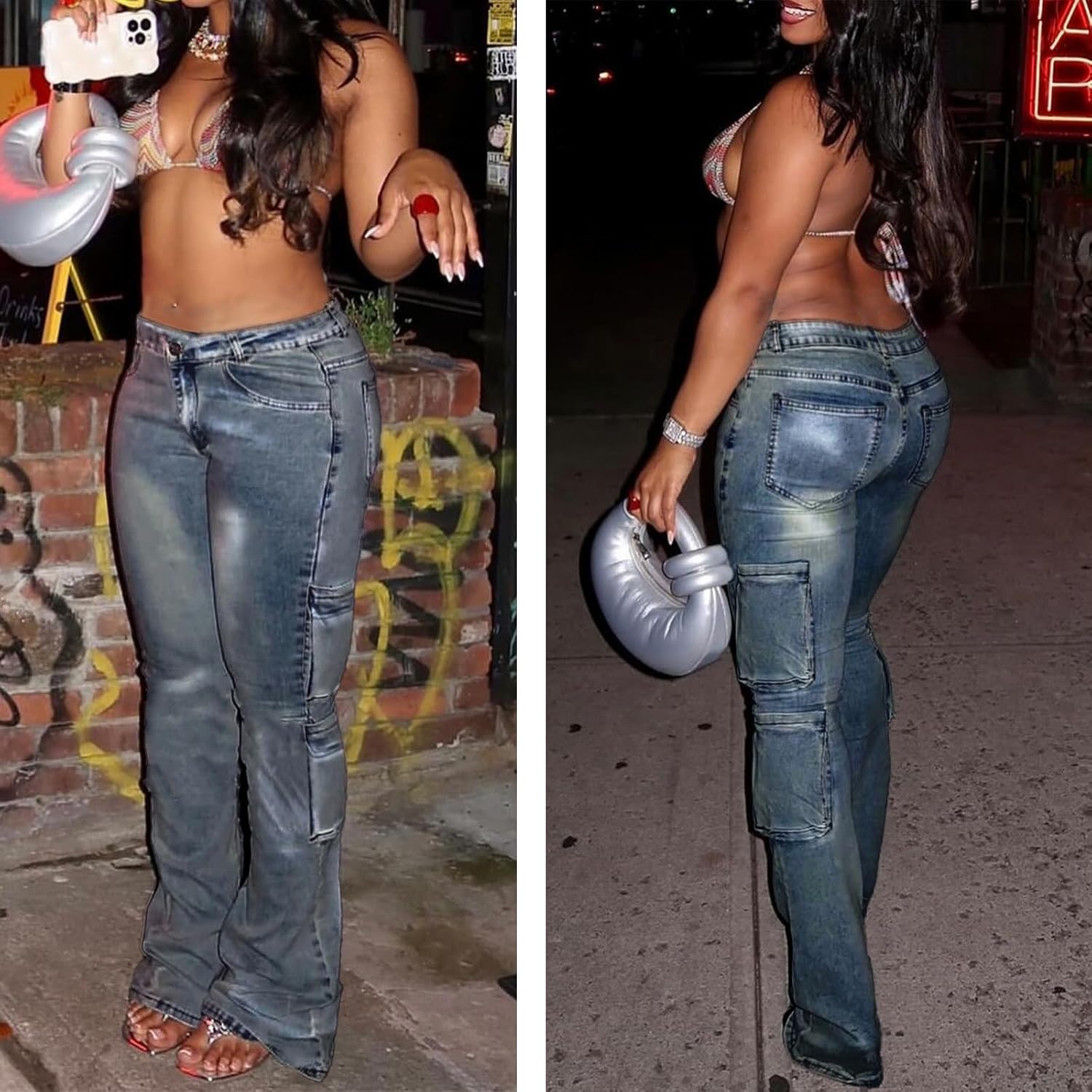 Jeans for Women Fashion Silver Hot Stamping Craft High Rise Jean Stretchy Denim Pants Work Pants with Multi Pocket - Image 6