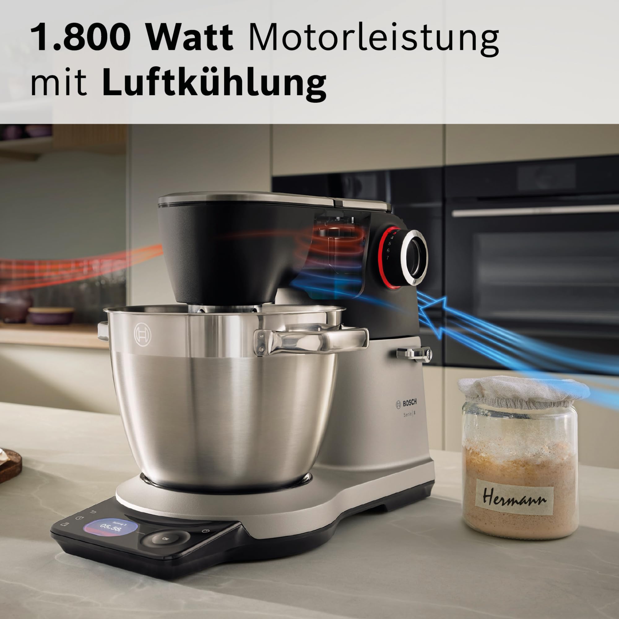 Bosch Küchenmaschine Serie 8, Automatikprogramm, Waage, Timer, 7 Stufen, 6l Edelstahl-Schüssel, Silikonbesen, spülmaschinenfest, 1.800 W, MUMS8ZS18