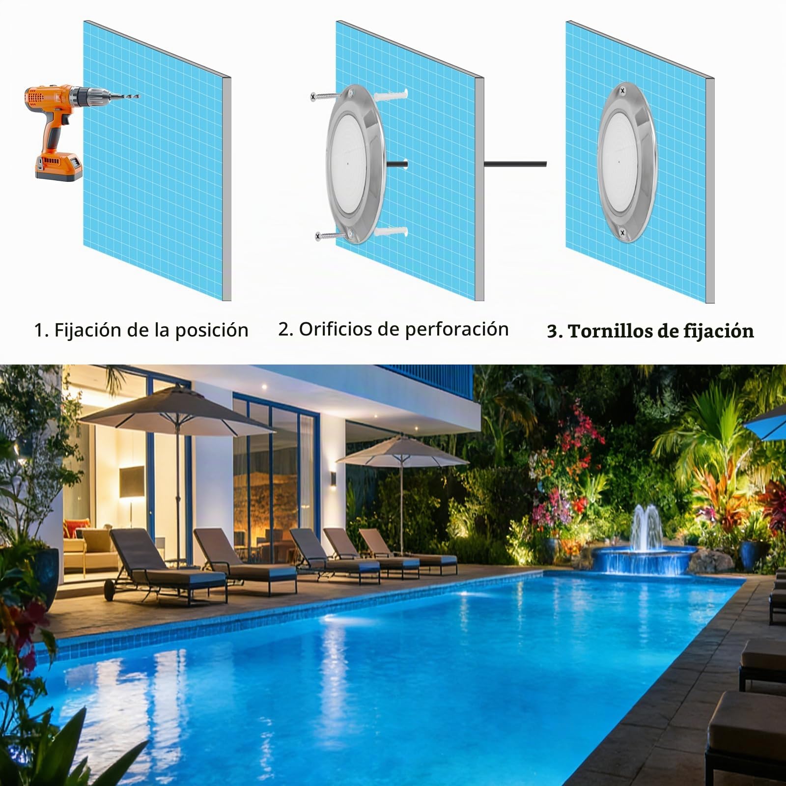Iluminación LED para Piscina, 36W RGB Acero Inoxidable Extra Plano, Proyector Subacuático IP68 con Mando a Distancia [24V]
