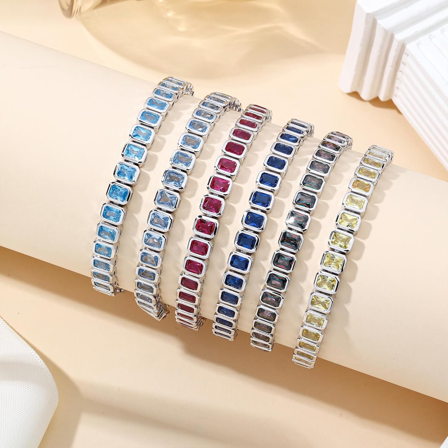 Silver Jewelry Birthstone Tennis Bracelet for Women Sterling Silver Square Gemstone Adjustable Chain Fine Jewelry Birthday Gifts for her