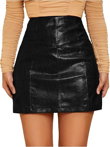 winkbay Women's Faux Leather Mini Elegant High Waisted Pencil Skirts Black