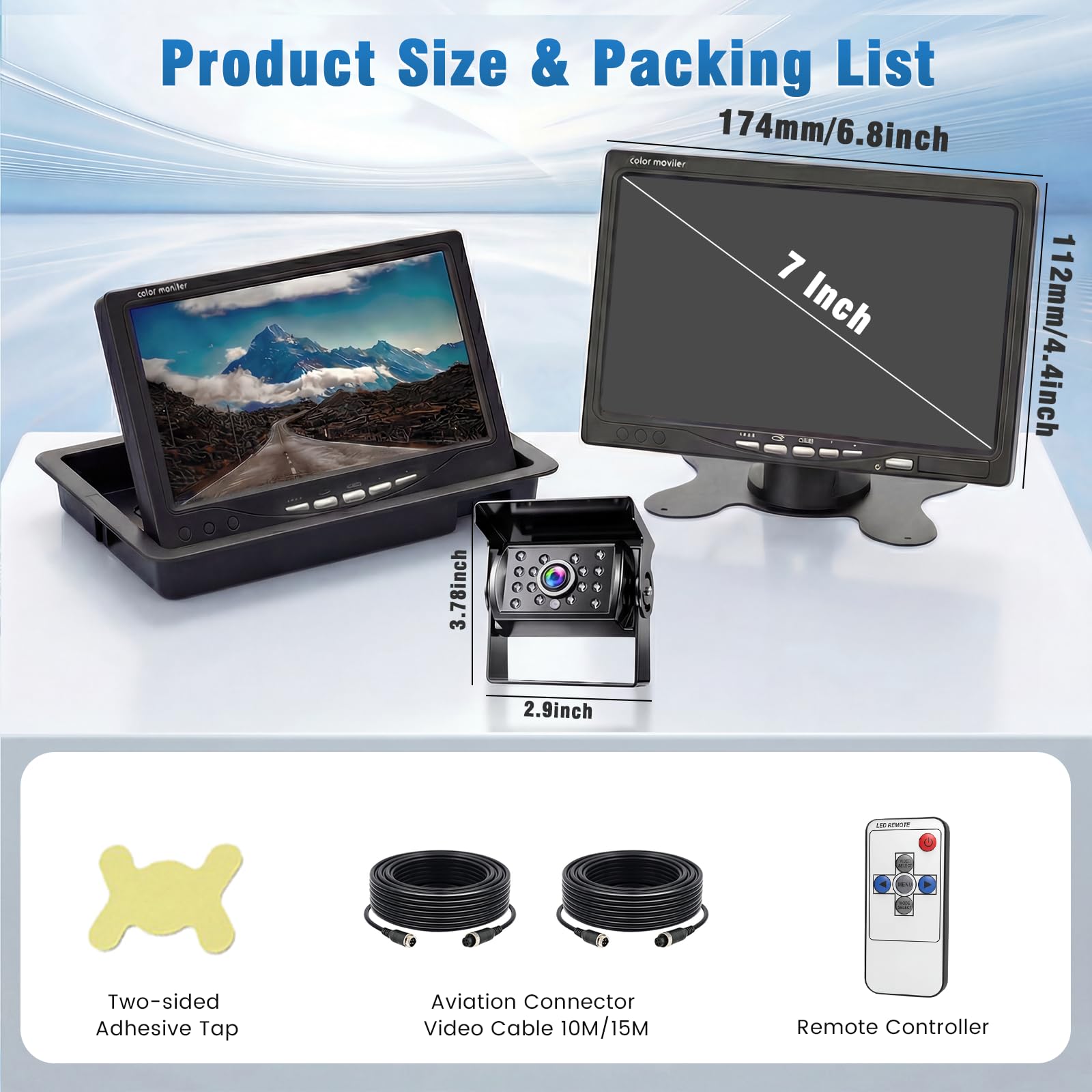 Pantalla de Marcha Atrás con 2 Cámaras, Monitor LCD de 7", Impermeable, Visión Nocturna, Cámara de Seguridad Set con Cable 15M/10M para Coche Camiones, Autocaravanas, Caravanas y Remolques