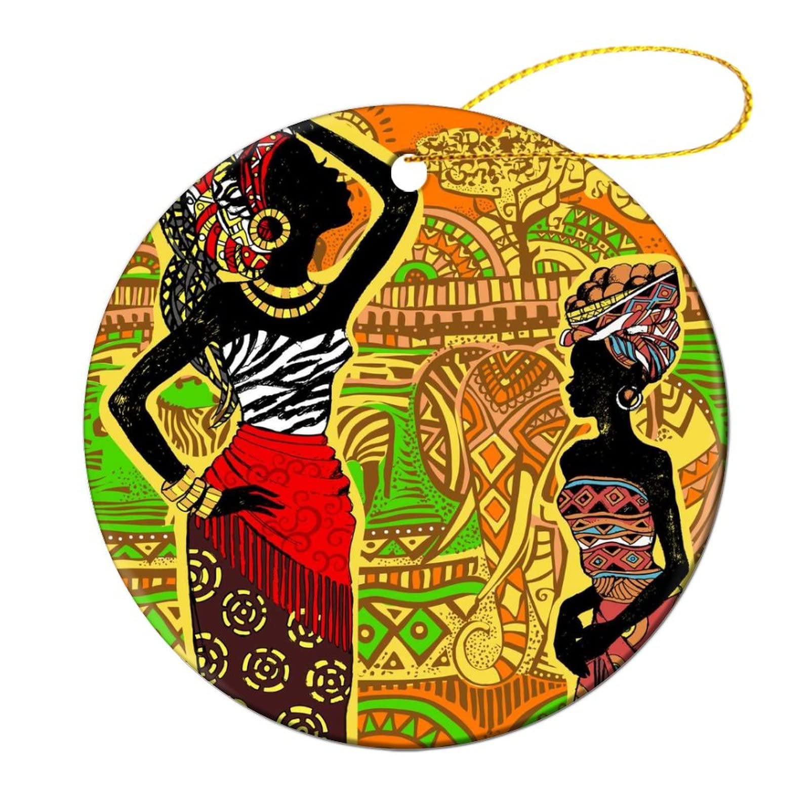Tribal Ethnic Dark-Skinned Woman African Landscape Elephant Orange Christmas Ornament, 1 Pc Round Ceramic Christmas Tree Hanging Decorations Souvenir Keepsake for Xmas Party Home Holiday School