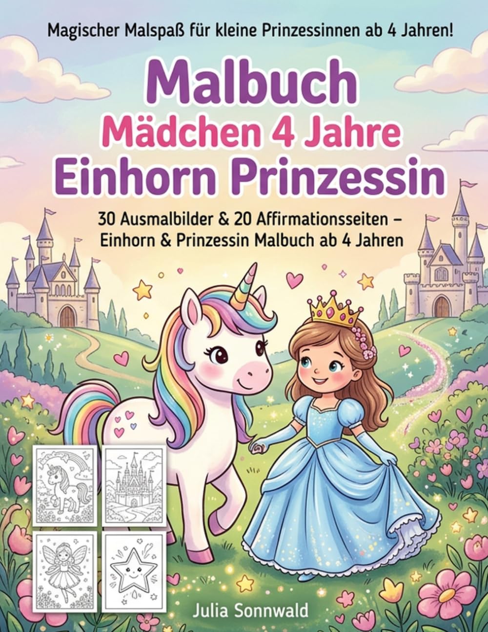 Malbuch Mädchen 4 Jahre Einhorn Prinzessin: Zauberhaftes Ausmalbuch mit positiven Affirmationen und dicken Linien: 30 Ausmalbilder & 20 ... Malbuch ab 4 Jahren als Geschenk für Mädchen